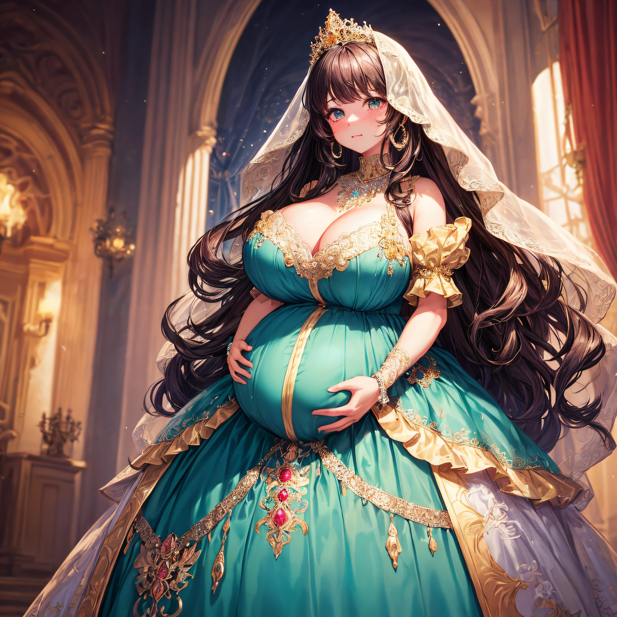 (masterpiece, best quality,extremely detailed:1.1),(moe anime art style:1.2),1girl,((full body,focus face)),((solo)), cute, kawaii,digital art,((1 bling-bling pregnant princess wearing beautiful embroidery and jeweled gorgeous rococo ballgown with jeweled voluminous full length hoop skirt)),(((heavily pregnant))),very big pregnant belly,((crinoline)),long train,voluminous frills,See-through,(gorgeous embroidery and beautiful lace),((very gigantic boobs,skindentation)),cleavage,shiny hair,(((very long straight hair,large amount of straight hair))),((embarrassed)),anguish,((finely detailed face and eyes)),clear pupil,extremely gorgeousfull hair ornament,(bling-bling jeweled extremely gorgeousfull tiara),(bling-bling gorgeous gemstone jewelry),long veil,beautiful background,fantasy background,flowers,flower petals flowing,full body,((beautiful embroidery and jeweled ruffled gorgeous rococo ballgown with voluminous full length hoop skirt))