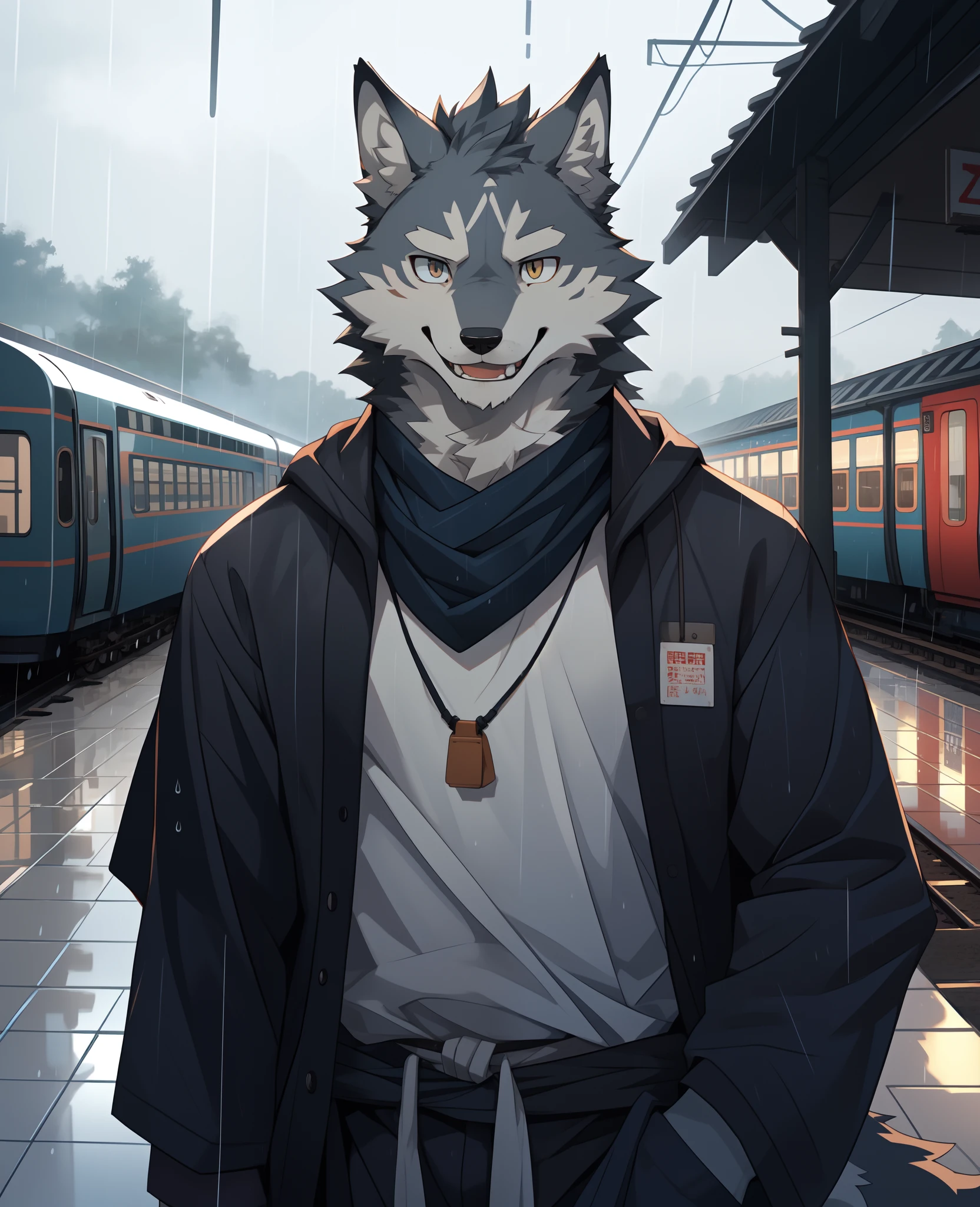 masterpiece, best quality, perfect anatomy, bright eyes, watery eyes, by milkytiger1145, by k0bit0wani, furry, wolf, (felis:0.25), male, solo, baggy clothing, (open smile:1.1), gentle, looking at viewer, train station, rain, (waterdrop:0.9), grey sky, raining, (fog:0.4)