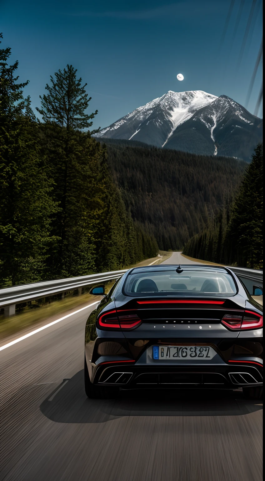 (masterpiece), best quality, a raw photo of a car from back in a highway, the car is a high speeed, it's a award winner photo, it's a dynamic shot, it's night, it's a badass and moderen car, it's a artistic image, it's a futuristic theme, futuristic buildings in the background, a moon in the sky,a sense of velocity and speed, BREAK 4k, ultradetailed, depth, speed, velocity, badass, epic, from back,