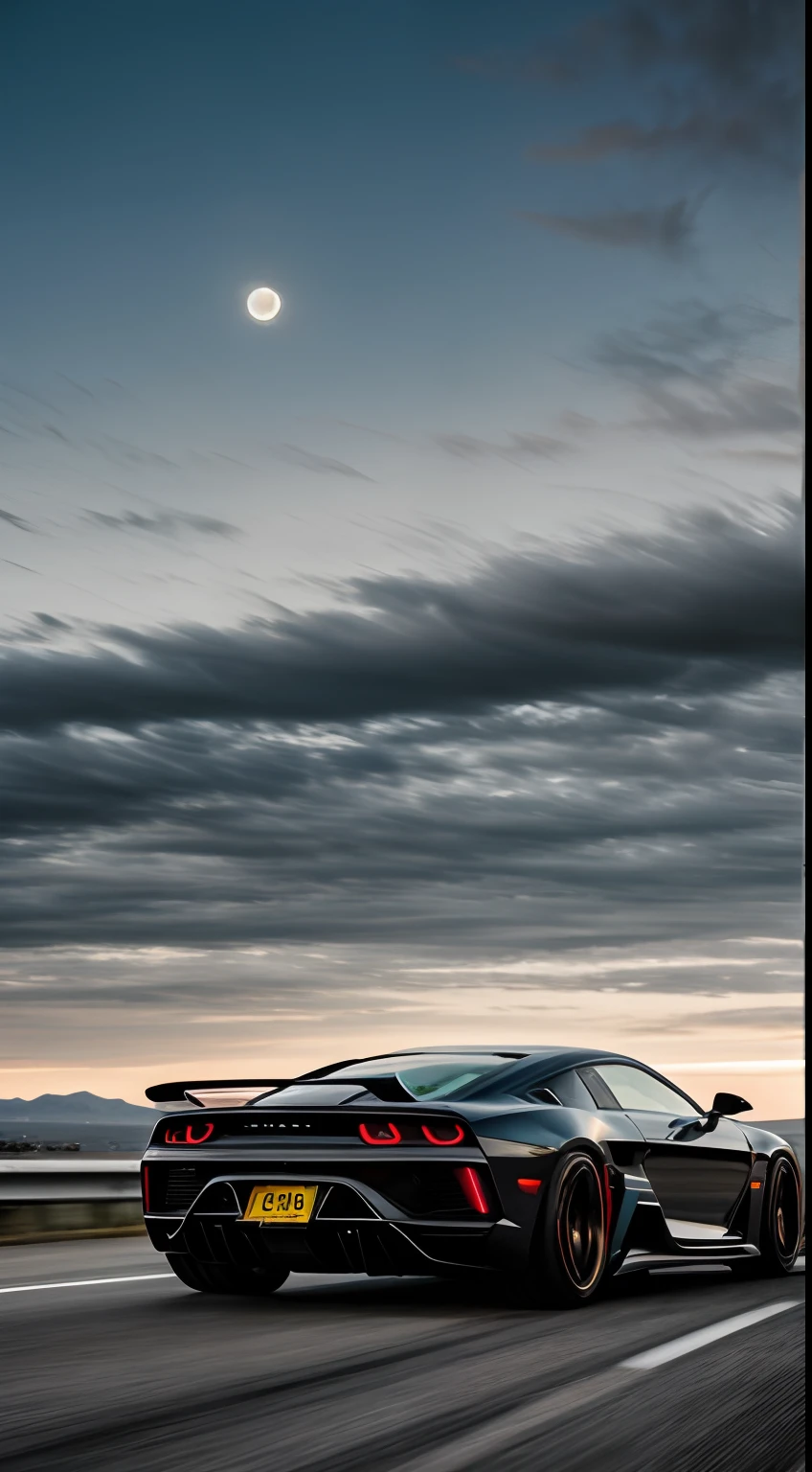 (masterpiece), best quality, a raw photo of a car in a highway, the car is a high speeed, it's a award winner photo, it's a dynamic shot, it's night, it's a badass and moderen car, it's a artistic image, it's a futuristic theme, futuristic buildings in the background, a moon in the sky,a sense of velocity and speed, BREAK 4k, ultradetailed, depth, speed, velocity, badass, epic,
