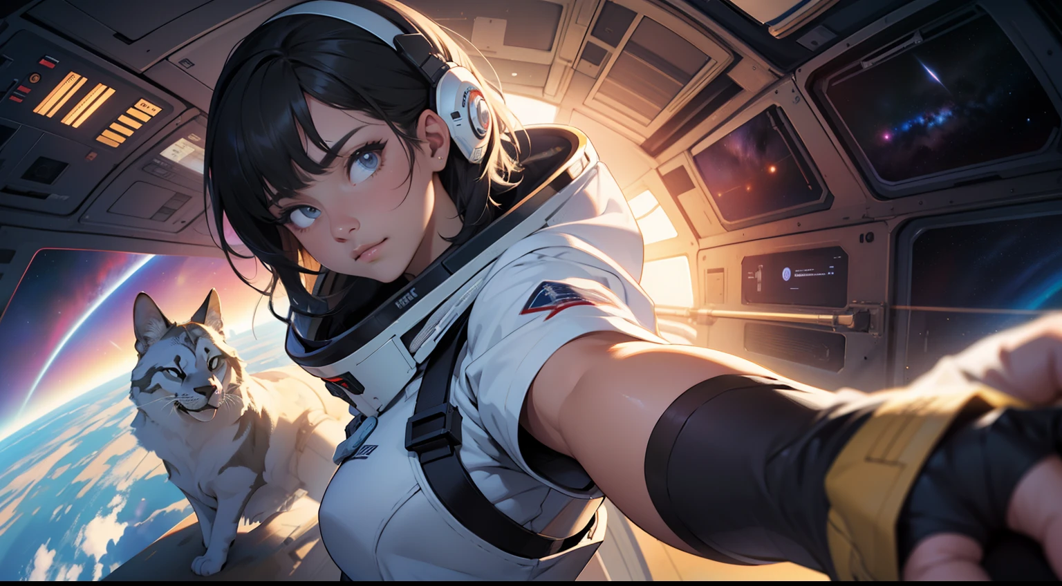 mulher linda com cabelo longo e liso, piloto de nave espacial olhando para a frente segurando o manche da nave, in the space, central position, nearing perfection, Pintura digital, mulher extremamente linda , HDR, 8k, Ultra Detalhado. Tecnologia, conceito-arte, liso, foco nítido, High definition resolution - AR 16:9 --q 2 --s 500 --v 5.1 --- Estilo cru --c 100