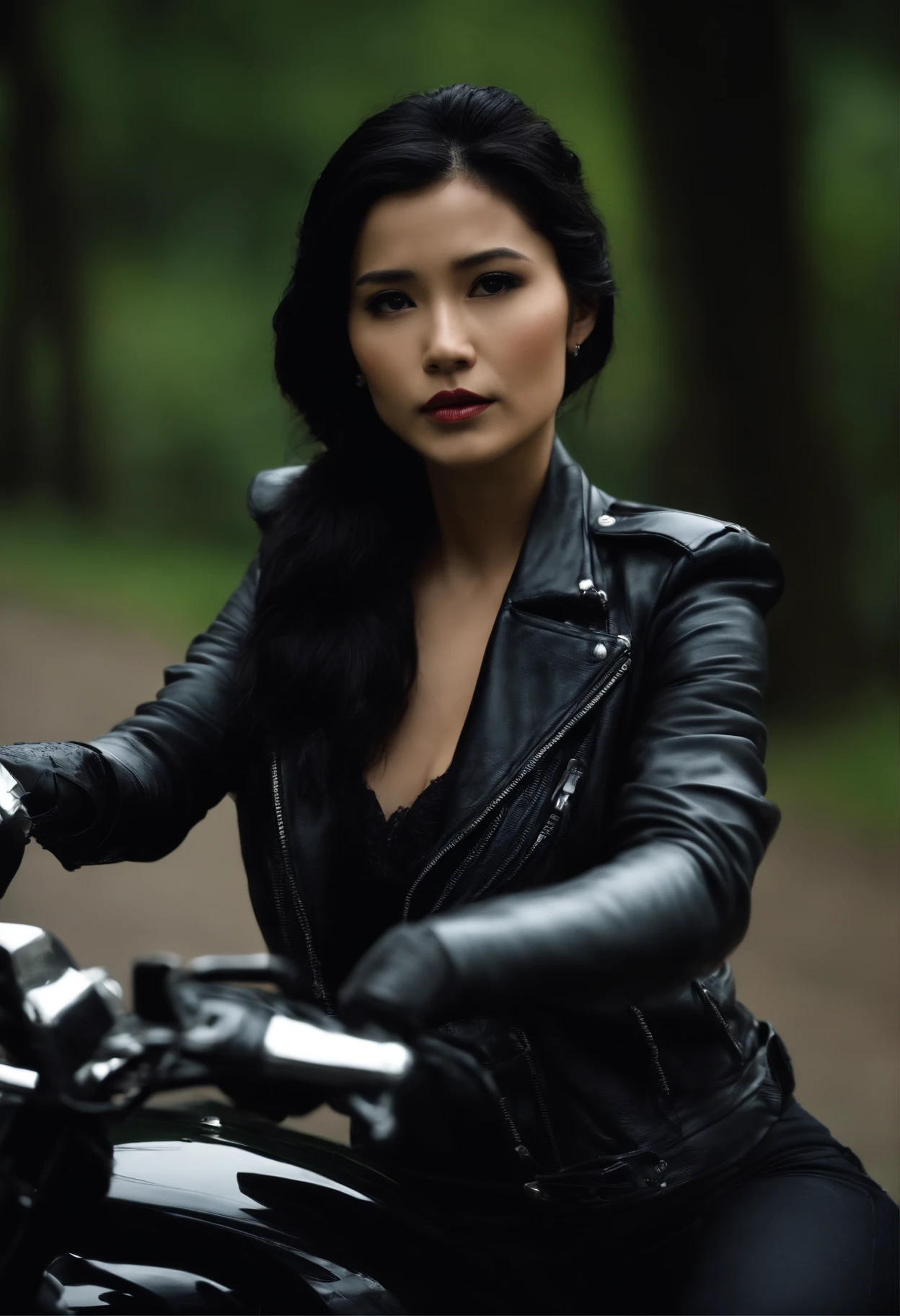 Black leather gloves　Black leather riders jacket　Black Leather Skinny Pants　Black leather long boots　Black Hair Ponytail　Young Japan　Black Leather Neck Corset　Drive a car