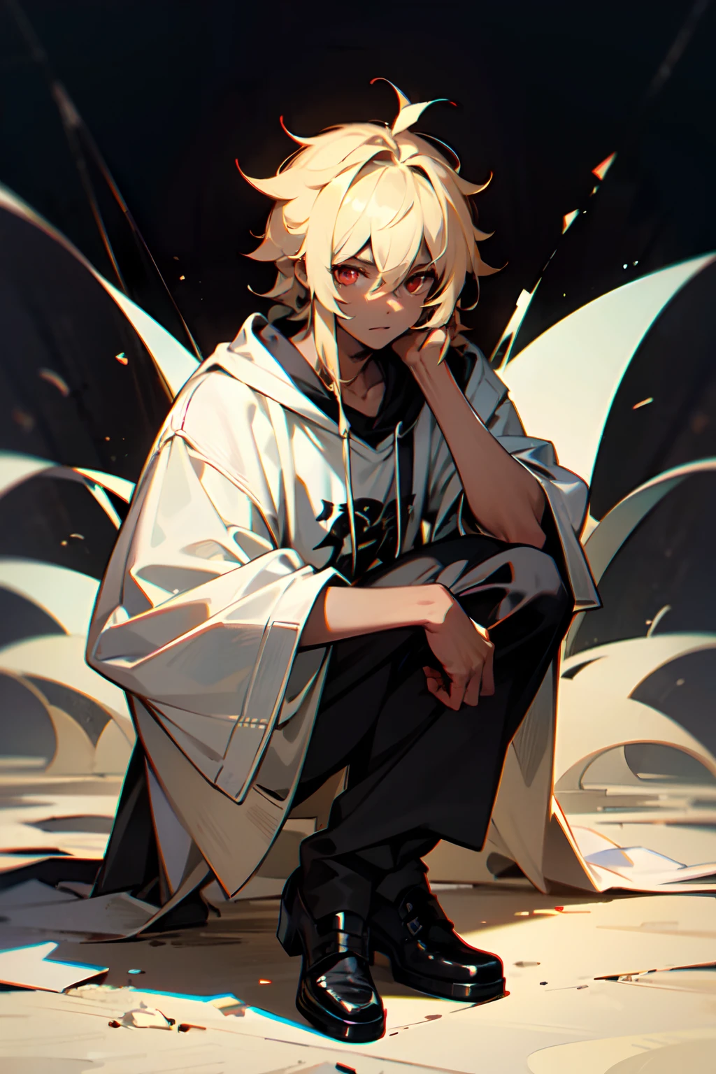 fullbody, portrait, masterpiece BREAK 1boy, (dark-skin), messy hair, hair over shoulder, long hair, pale blonde hair, AND blonde eyebrows, (hair between eyes), (red eyes), (((sparse stubble))), (bags under eyes), BREAK hoodie, punk attire, gothic