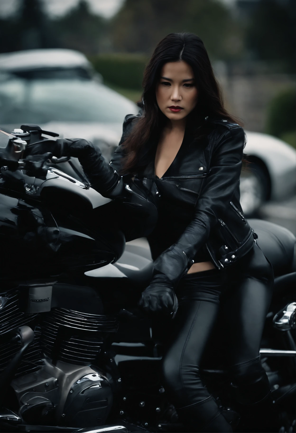 Black leather gloves Black leather riders jacket Black Leather Skinny Pants Black leather long boots Black Hair Ponytail Young Japan Black Leather Neck Corset Drive a car