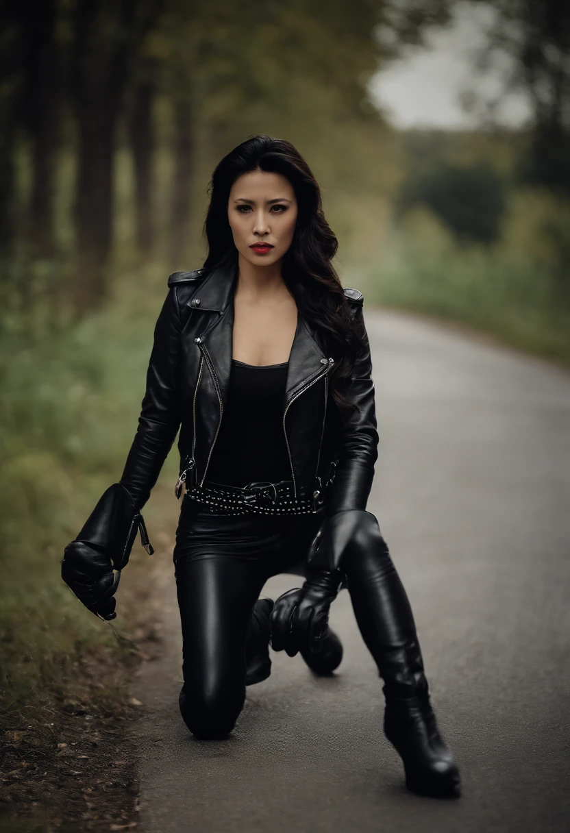 Black leather gloves Black leather riders jacket Black Leather Skinny Pants Black leather long boots Black Hair Ponytail Young Japan Black Leather Neck Corset Drive a motor vehicle