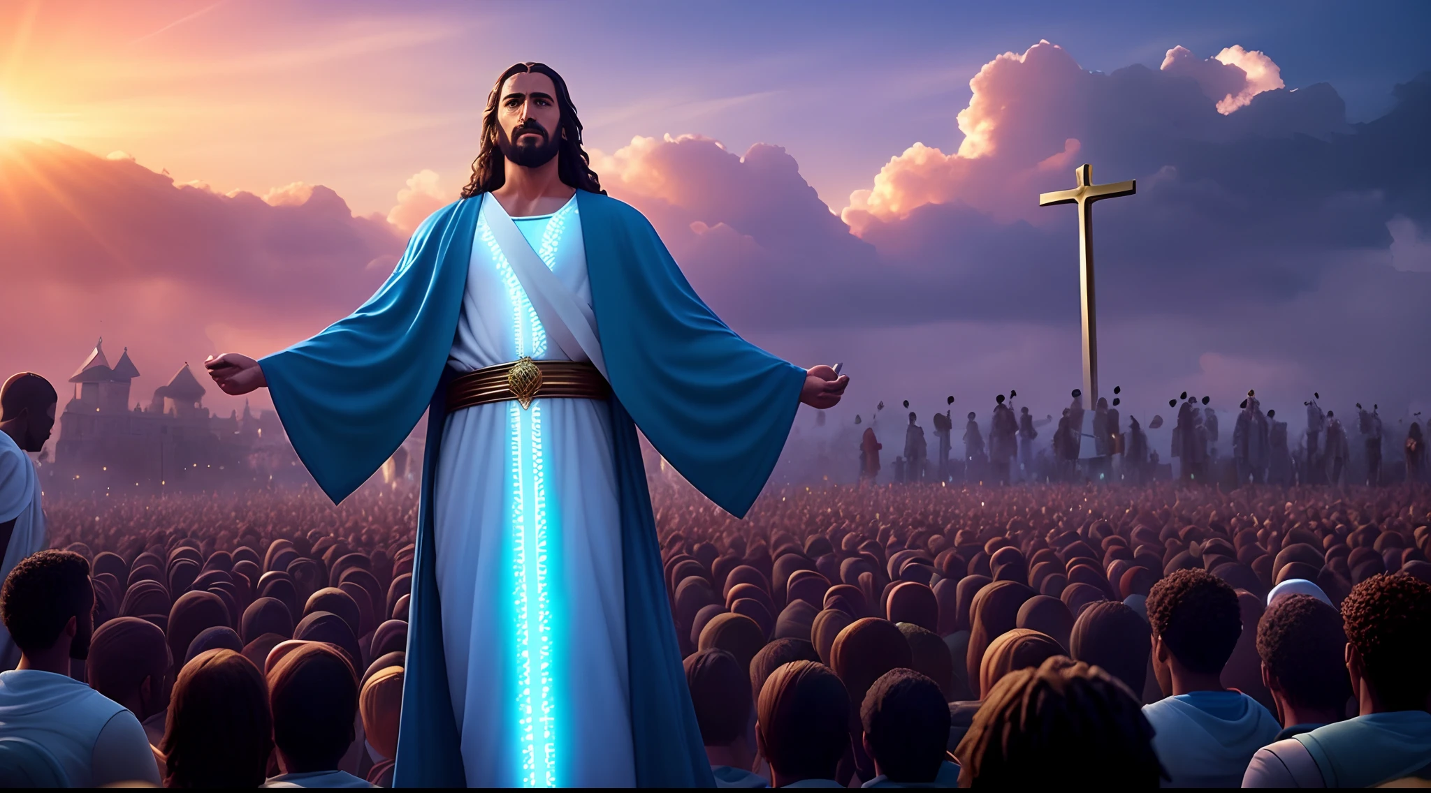 Jesus no meio de pessoas, bible illustration, epic biblical representation, imagem super realista, cinematic lighthing, beautiful depiction, Realistic, 4k, HDR