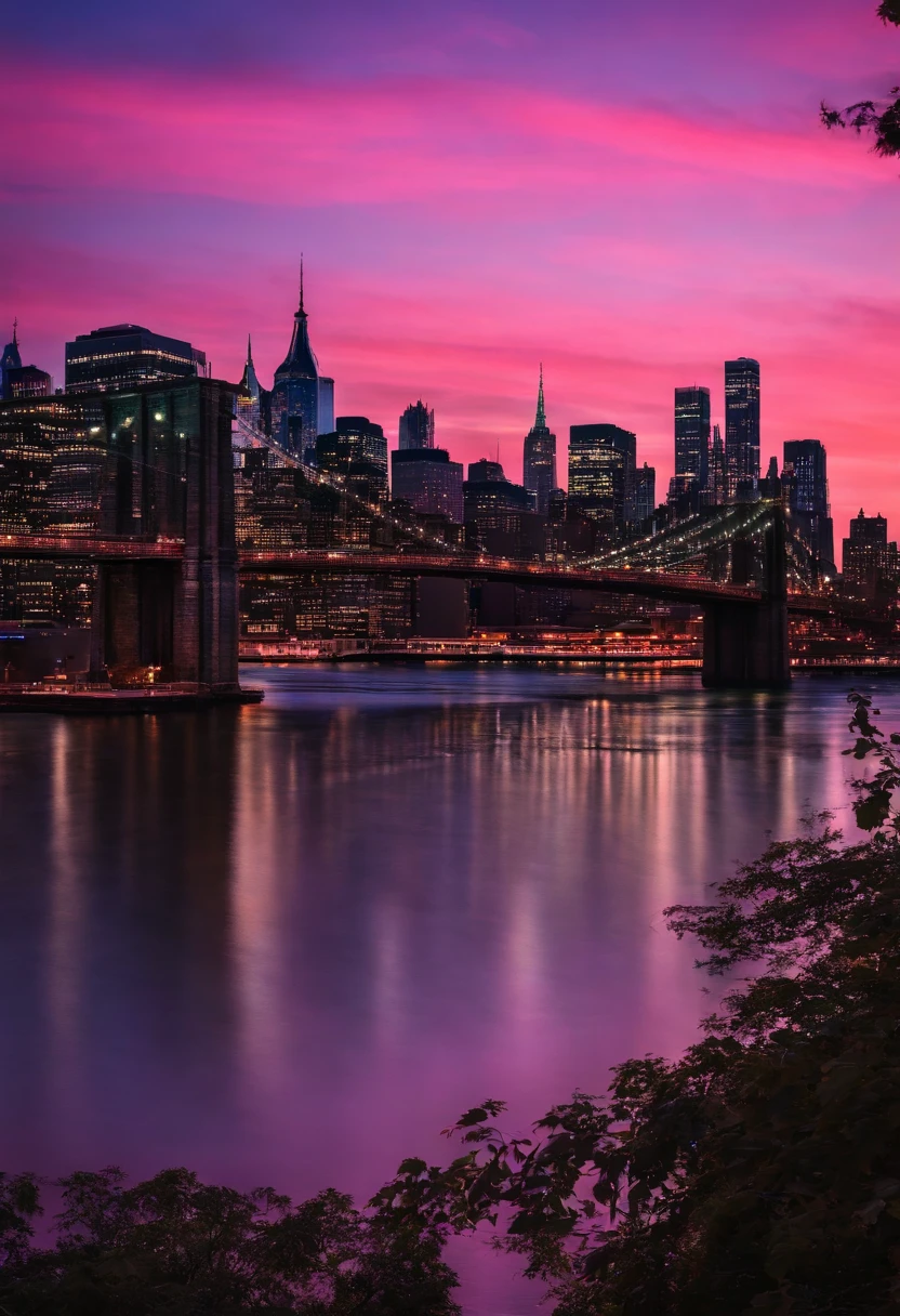 New York city pink and purple sunset，"vibe infusion" - Will some kind of emotion、Atmosphere or feeling infused into a certain scene、A process in an environment or experience。Change with the atmosphere of the party that emphasizes the passage itself、Influence or reinforce an atmosphere or emotion