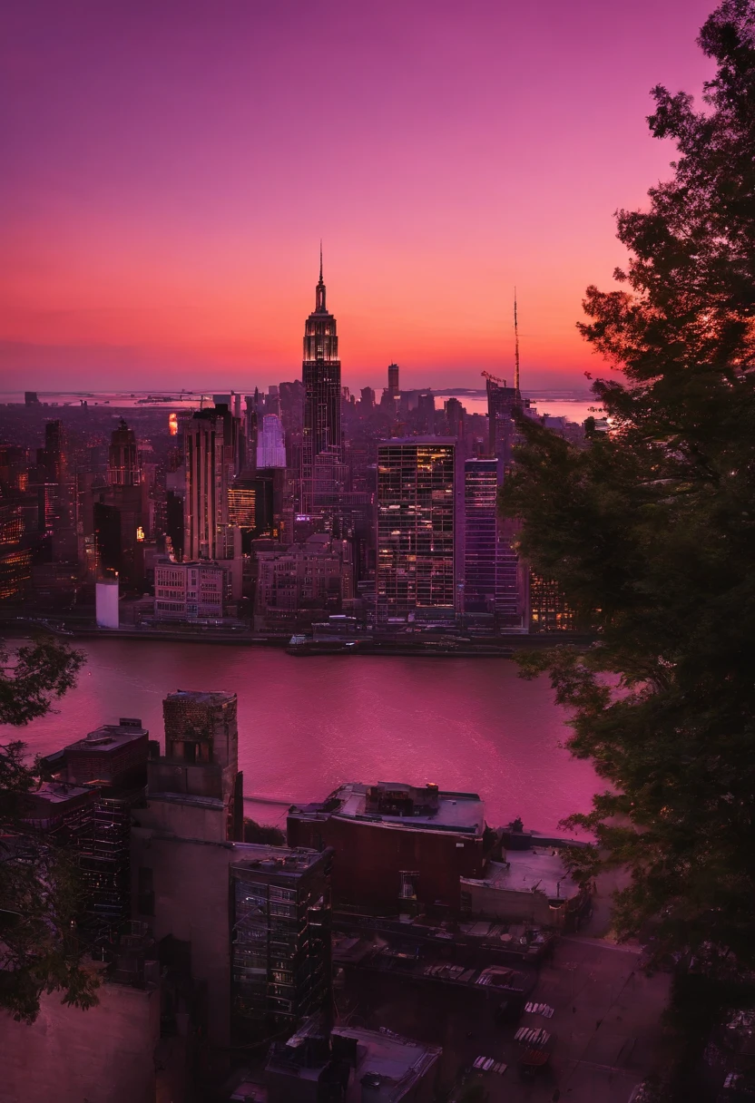 New York city pink and purple sunset，"vibe infusion" - Will some kind of emotion、Atmosphere or feeling infused into a certain scene、A process in an environment or experience。Change with the atmosphere of the party that emphasizes the passage itself、Influence or reinforce an atmosphere or emotion