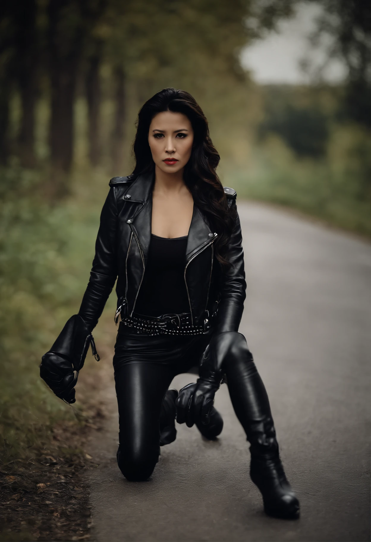 Black leather gloves　Black leather riders jacket　Black Leather Skinny Pants　Black leather long boots　Black Hair Ponytail　Young Japan　Black Leather Neck Corset　Drive a motor vehicle