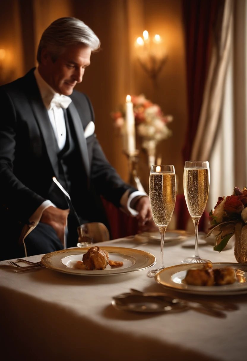 Por favor, gere uma imagem de um homem bem-sucedido em sua vida pessoal e profissional. He's at an elegant dinner with a beautiful woman by his side. Both are toasting with glasses of champagne, demonstrando alegria e cumplicidade.