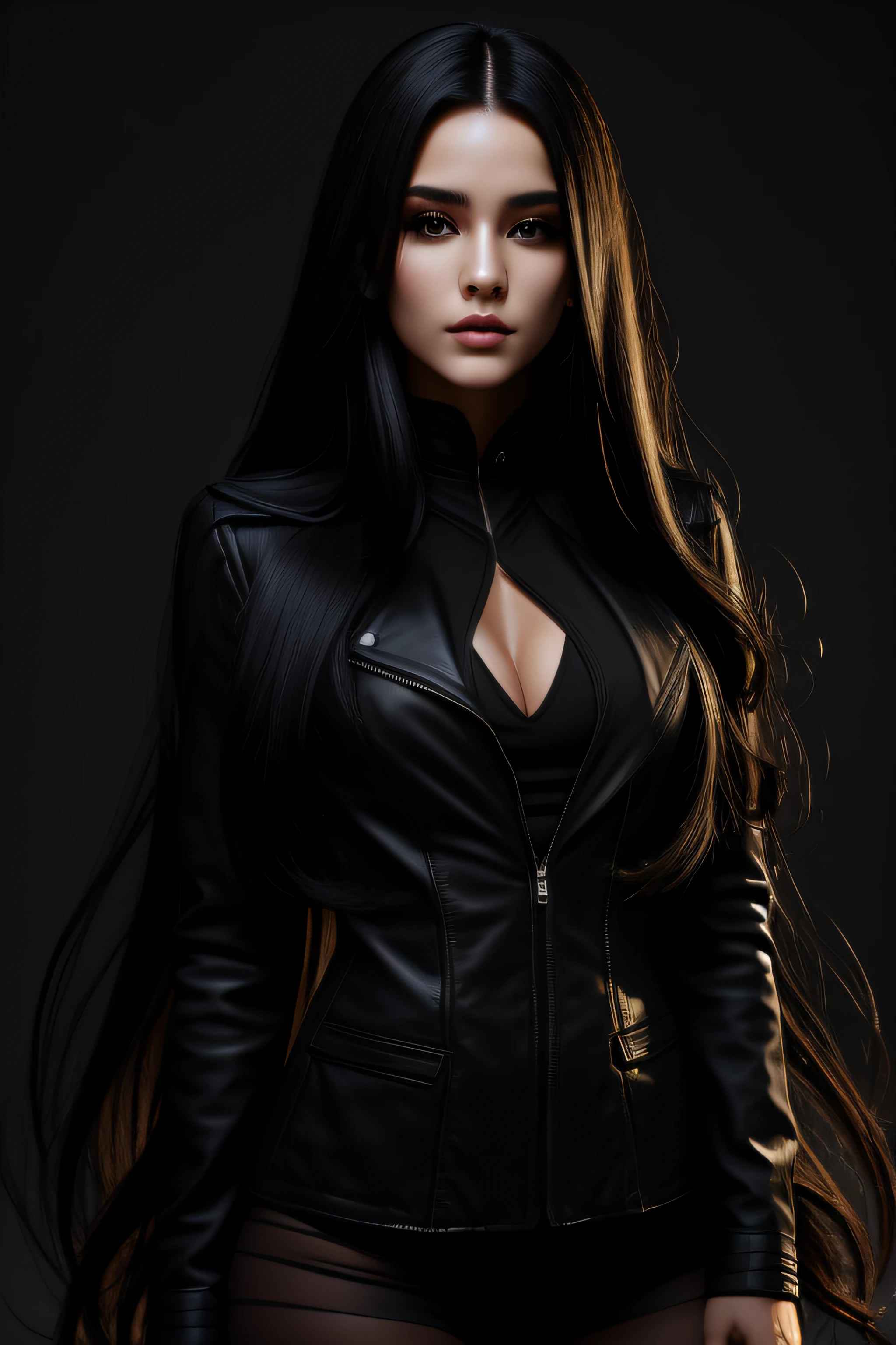 a young beautiful woman with long black hair and a black jacket, i can't believe how beautiful and sexy she is, distinct facial features, layered textures, strong contrast between light and dark, sharp attention to detail