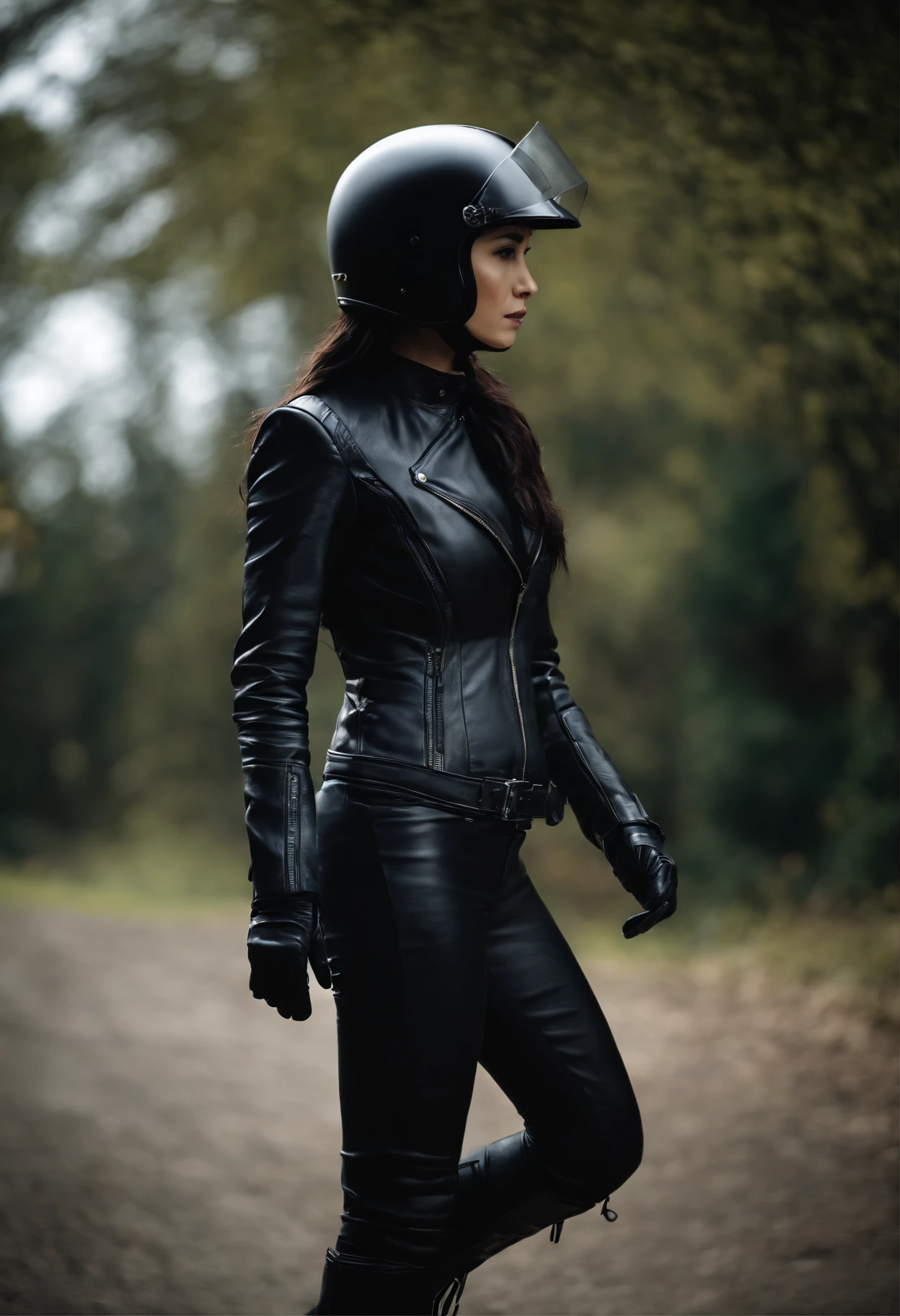 Black leather gloves Black leather riders jacket Black Leather Skinny Pants Black leather long boots Black Hair Ponytail Young Japan Black Leather Neck Corset Black full-face helmet on hand