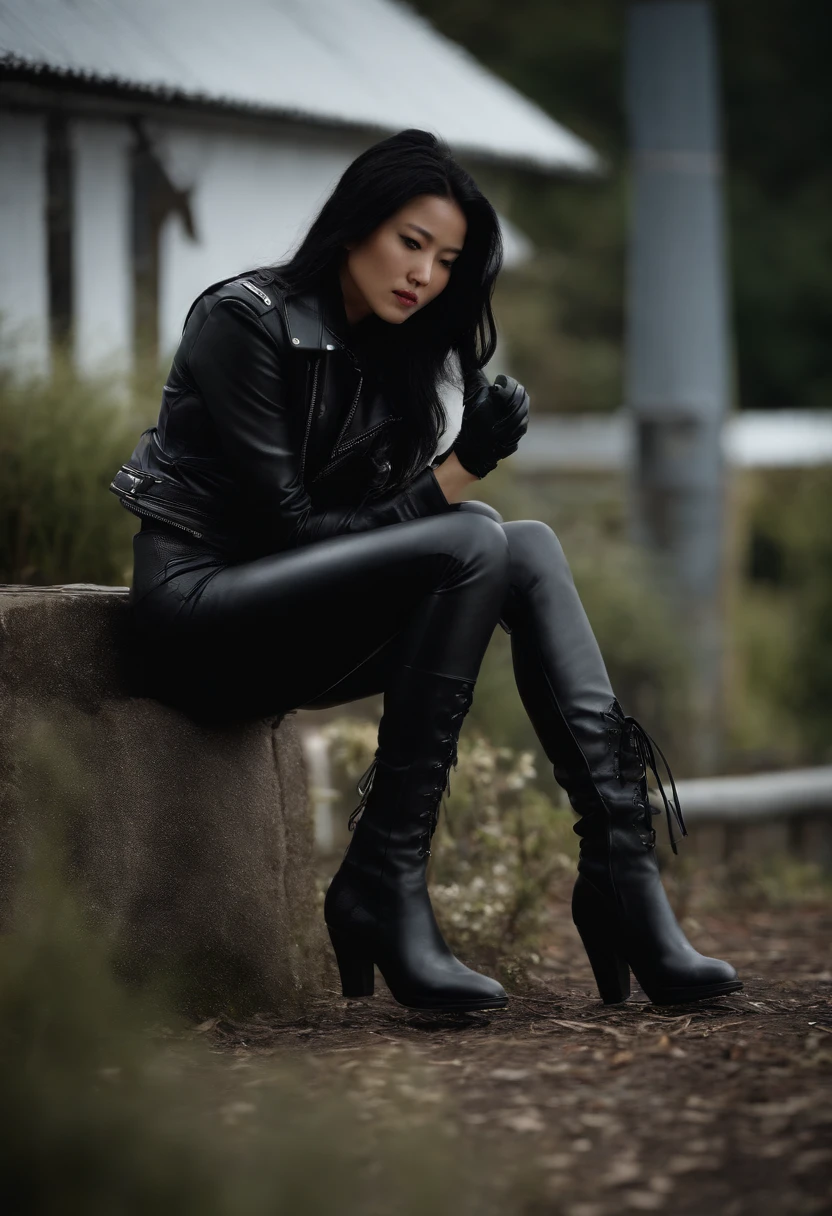 Black leather gloves Black leather riders jacket Black Leather Skinny Pants Black leather long boots Black Hair Ponytail Young Japan Black Leather Neck Corset Karen Otomo