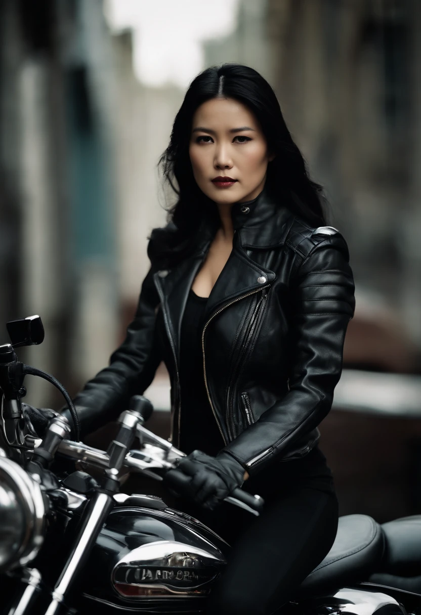 Black leather gloves Black leather riders jacket Black Leather Skinny Pants Black leather long boots Black Hair Ponytail Young Japan Black Leather Neck Corset Karen Otomo