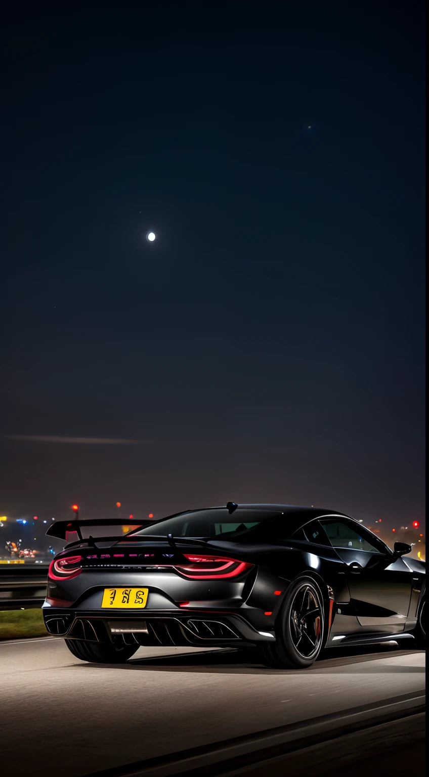 (masterpiece), best quality, a raw photo of a car from back in a highway, the car is a high speeed, it's a award winner photo, it's a dynamic shot, it's night, it's a badass and moderen car, it's a artistic image, it's a futuristic theme, futuristic buildings in the background, a moon in the sky,a sense of velocity and speed, BREAK 4k, ultradetailed, depth, speed, velocity, badass, epic, from back,