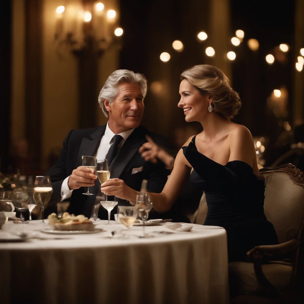Man and woman at table in restaurant. Male about 50 years old, shingle, with gray hair. realistic shot, Apparel Costume. Fair complexion, A woman of about 45 years old, Natural brown hair, Characteristic brown eyes, slender and graceful, nice ass, Restaurant décor, ultra sharp focus, realistic shot, Apparel Evening Dress, Notebook colors (scar:1.4)