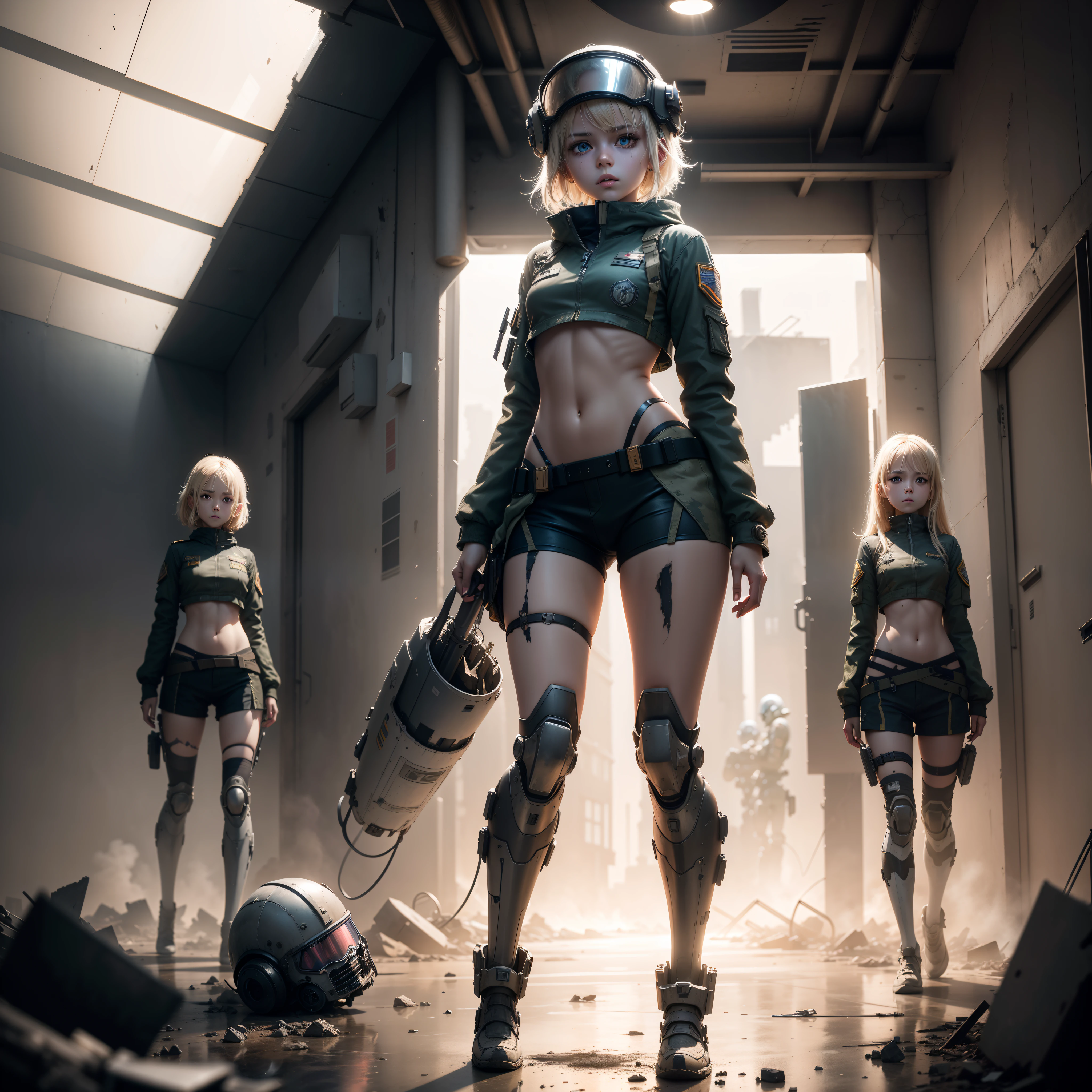 Destroyed towns,Three Ukrainian girls in half robot , Ukrainian anime girls , , Ukraine ,  Full body composition of young girl with messy bright blonde hair, eye make up, ,  Soft lighting, Solo, Old torn dirty shabby futuristic military uniform, badges, Pose, Blotch color, Octane Render, Hyperrealistic intricate detail, Cinematic, 8K resolution, 70mm, Accent Lighting, Global Illumination, Full body portrait, clean detailed faces, intricate clothing, Cute face, flat chest, Slim waist, Slim legs, small hips,Pilot's clothing,Holding a fighter helmet in your hand,Half of the body is destroyed and the machine is exposed,