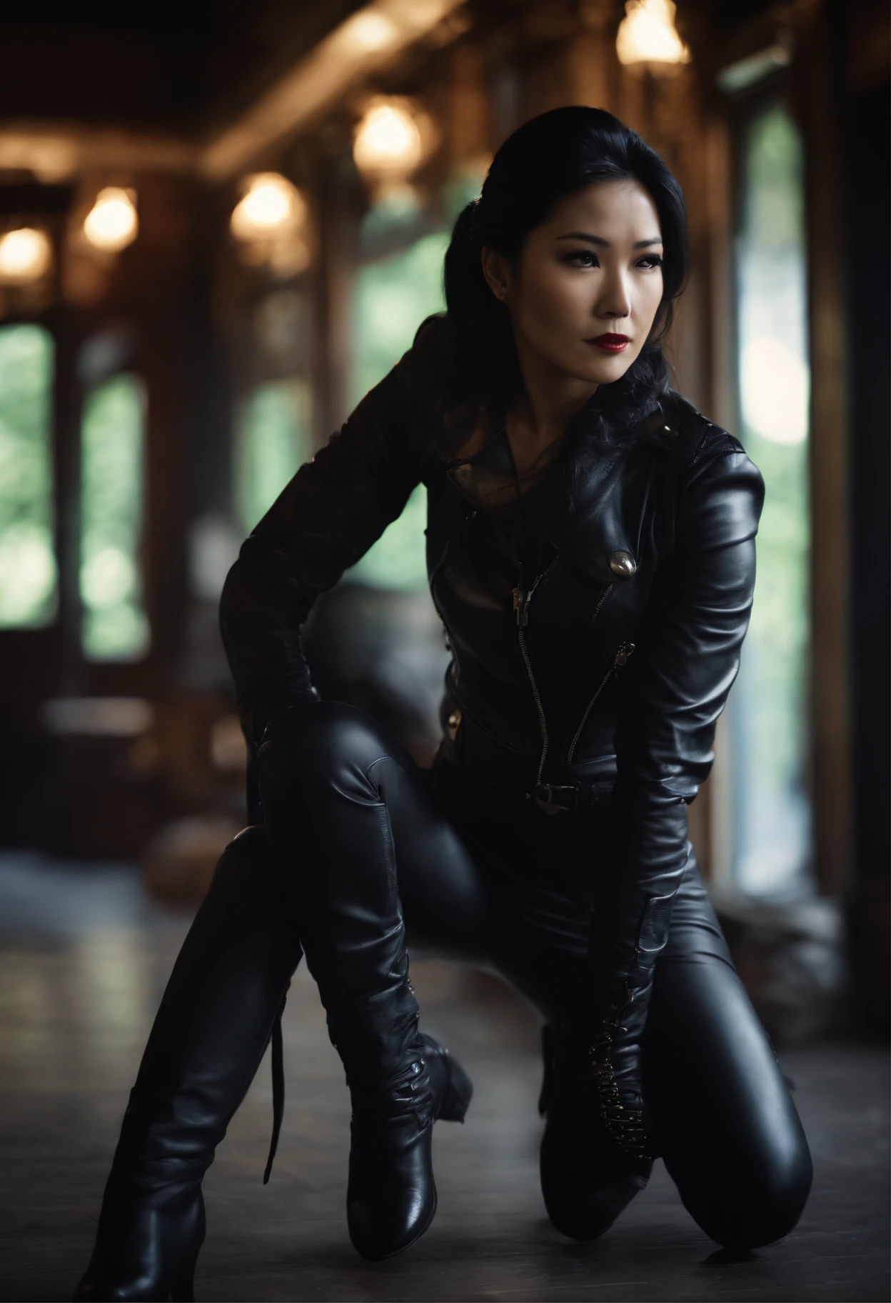 Black leather gloves Black leather riders jacket Black Leather Skinny Pants Black leather long boots Black Hair Ponytail Young Japan Black Leather Neck Corset Karen Otomo