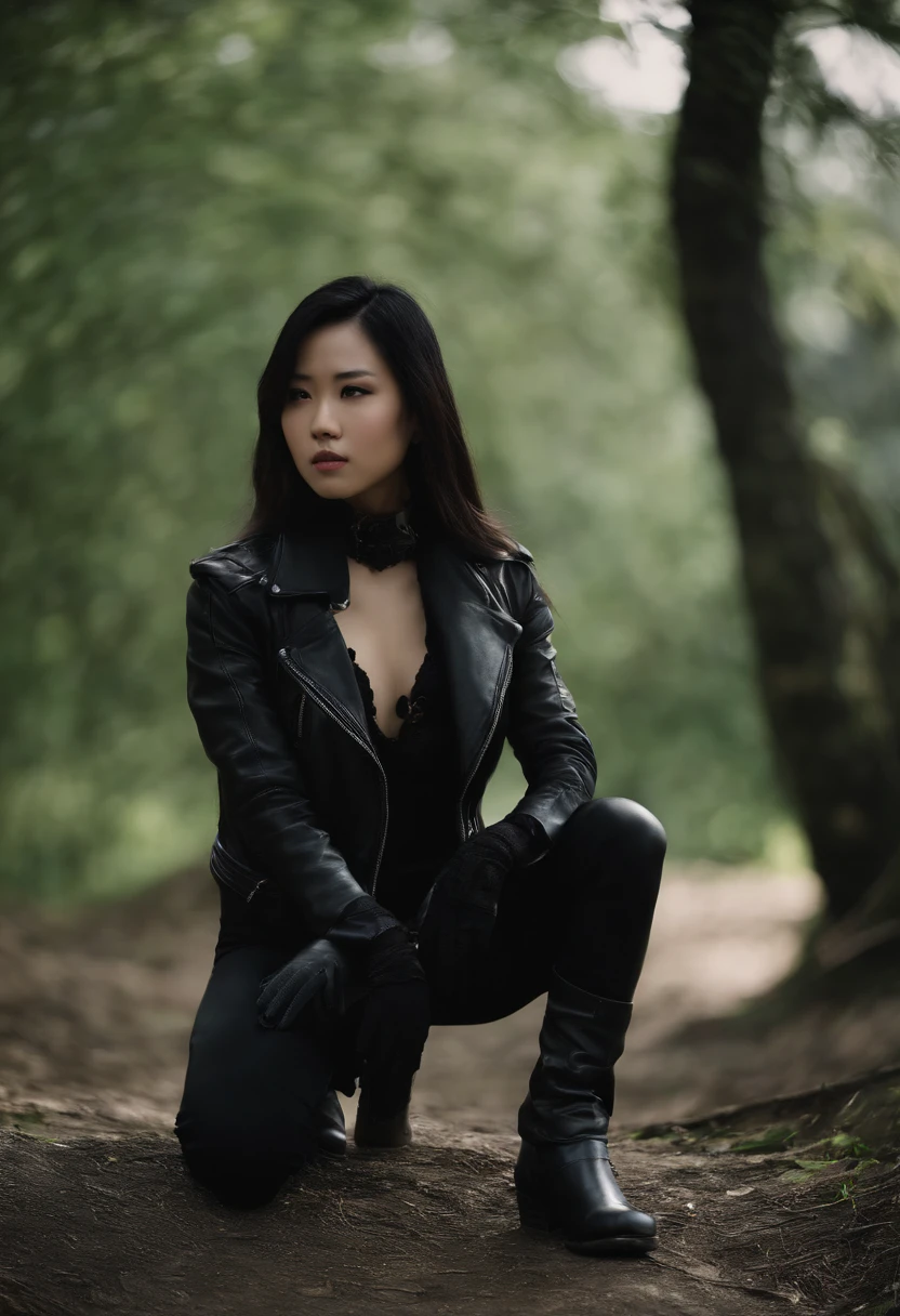 Black leather gloves Black leather riders jacket Black Leather Skinny Pants Black leather long boots Black Hair Ponytail Young Japan Black Leather Neck Corset Chisato Morishita