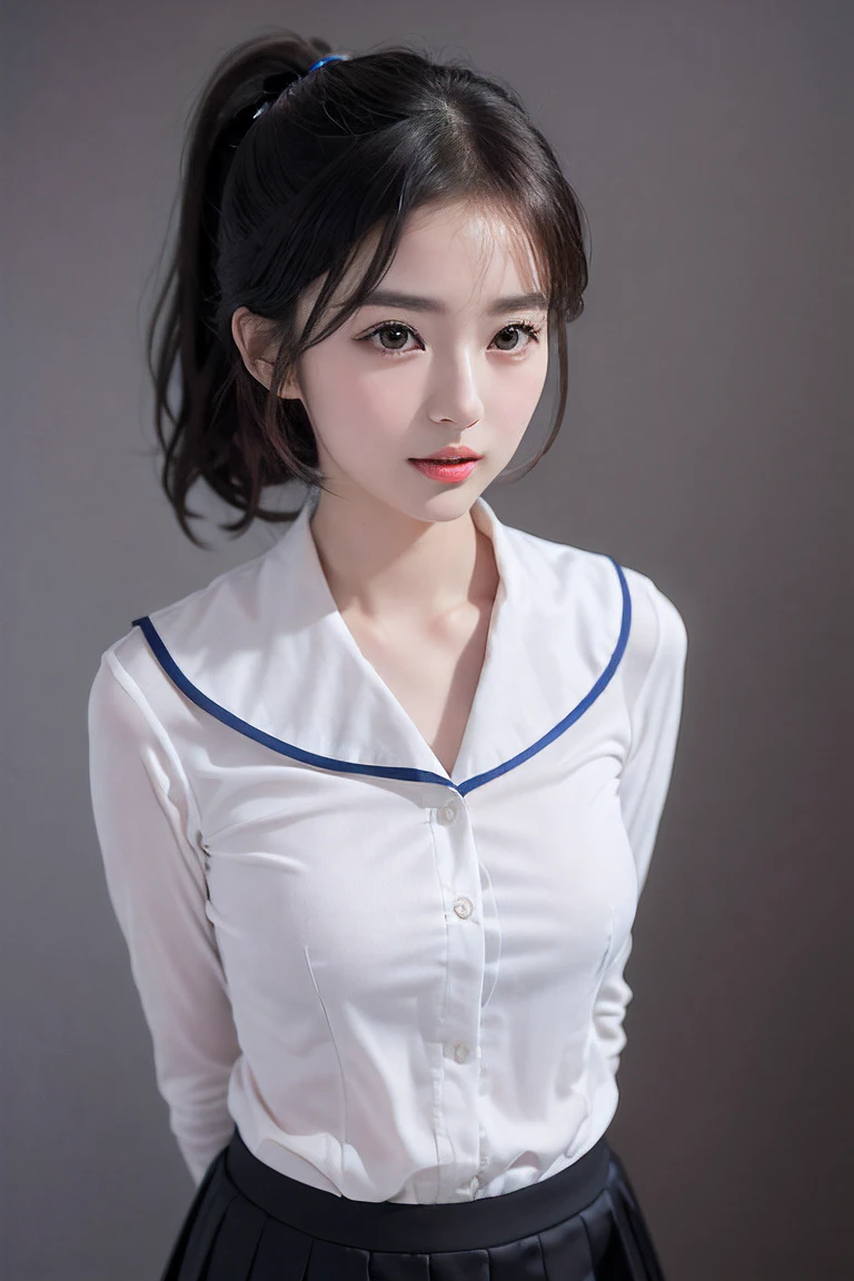 (1girl:1.3, solo), (a extremely pretty and beautiful Japanese woman), (sexy girl), (professional attire:1.3), (22 years old: 1.1), (from below:1.3), (low angle:1.3), (ground level shot:1.3), (girl on top:1.3), (arms behind back between legs:1.3), (attractive random posing:1.3), (in the queenroom:1.3), (starring at you:1.3), break, (bobble ponytail:1.3), (shiny-black thin hair:1.2), bangs, dark brown eyes, beautiful eyes, princess eyes, (big eyes:1.3), bangs, Hair between eyes, short hair:1.3, (slender:1.1), (small-medium-breasts:0.95), (thin waist: 1.15), (detailed beautiful girl: 1.4), Parted lips, Red lips, full-make-up face, (shiny skin), ((Perfect Female Body)), (Upper Body Image:1.3), Perfect Anatomy, Perfect Proportions, (most beautiful Korean actress face:1.3, extremely cute and beautiful Japanese actress face:1.3), BREAK, (View viewer, (insanely detailed collared sailor shirt:1.3), (black box-skirt:1.3), detailed clothes, BREAK, (detailed classy queenroom background:1.2), (dark background), (Studio soft lighting: 1.3), (fake lights: 1.3), (backlight: 1.3), BREAK, (Realistic, Photorealistic: 1.37), (Masterpiece, Best Quality: 1.2), (Ultra High Resolution: 1.2), (RAW Photo: 1.2), (Sharp Focus: 1.3), (Face Focus: 1.2), (Ultra Detailed CG Unified 8k Wallpaper: 1.2), (Beautiful Skin: 1.2), (pale Skin: 1.3), (Hyper Sharp Focus: 1.5), (Ultra Sharp Focus: 1.5), (Beautiful pretty face: 1.3), (super detailed background, detail background: 1.3), Ultra Realistic Photo, Hyper Sharp Image, Hyper Detail Image,