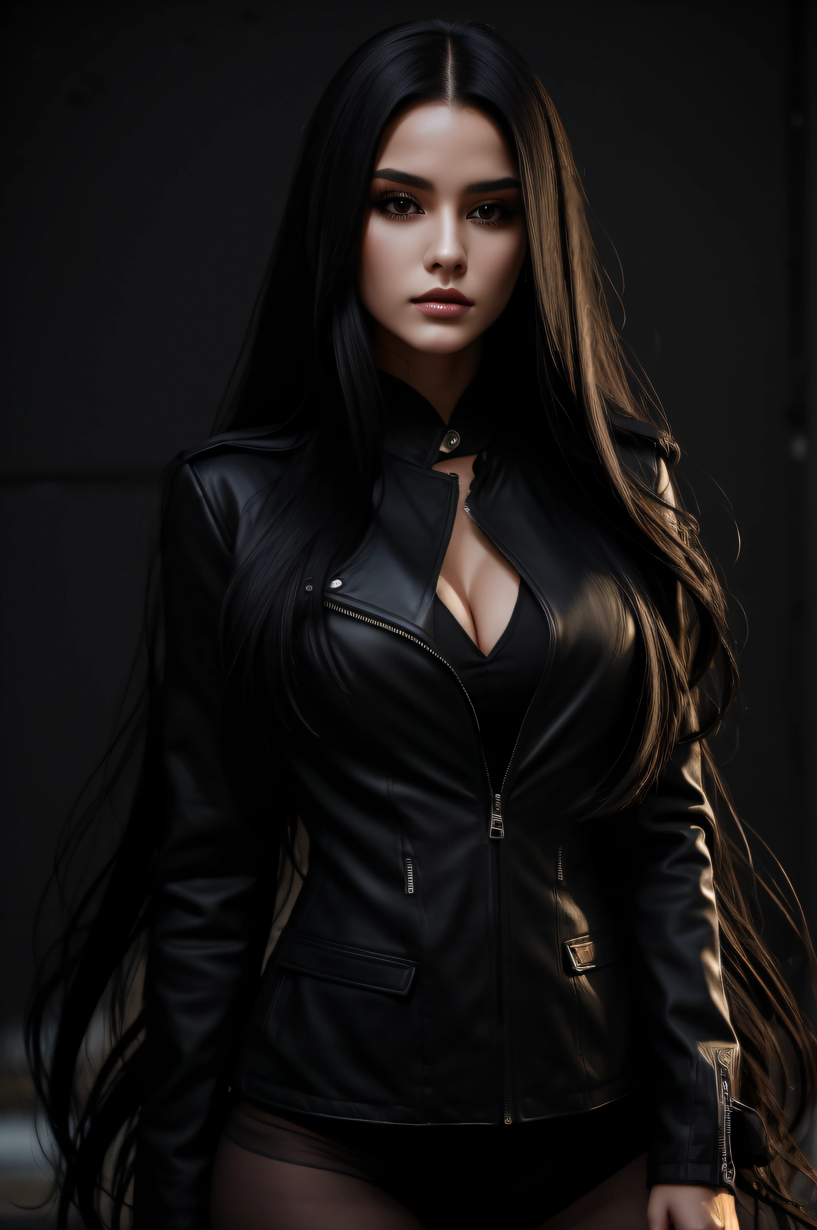 a young beautiful woman with long black hair and a black jacket, i can't believe how beautiful and sexy she is, distinct facial features, layered textures, strong contrast between light and dark, sharp attention to detail