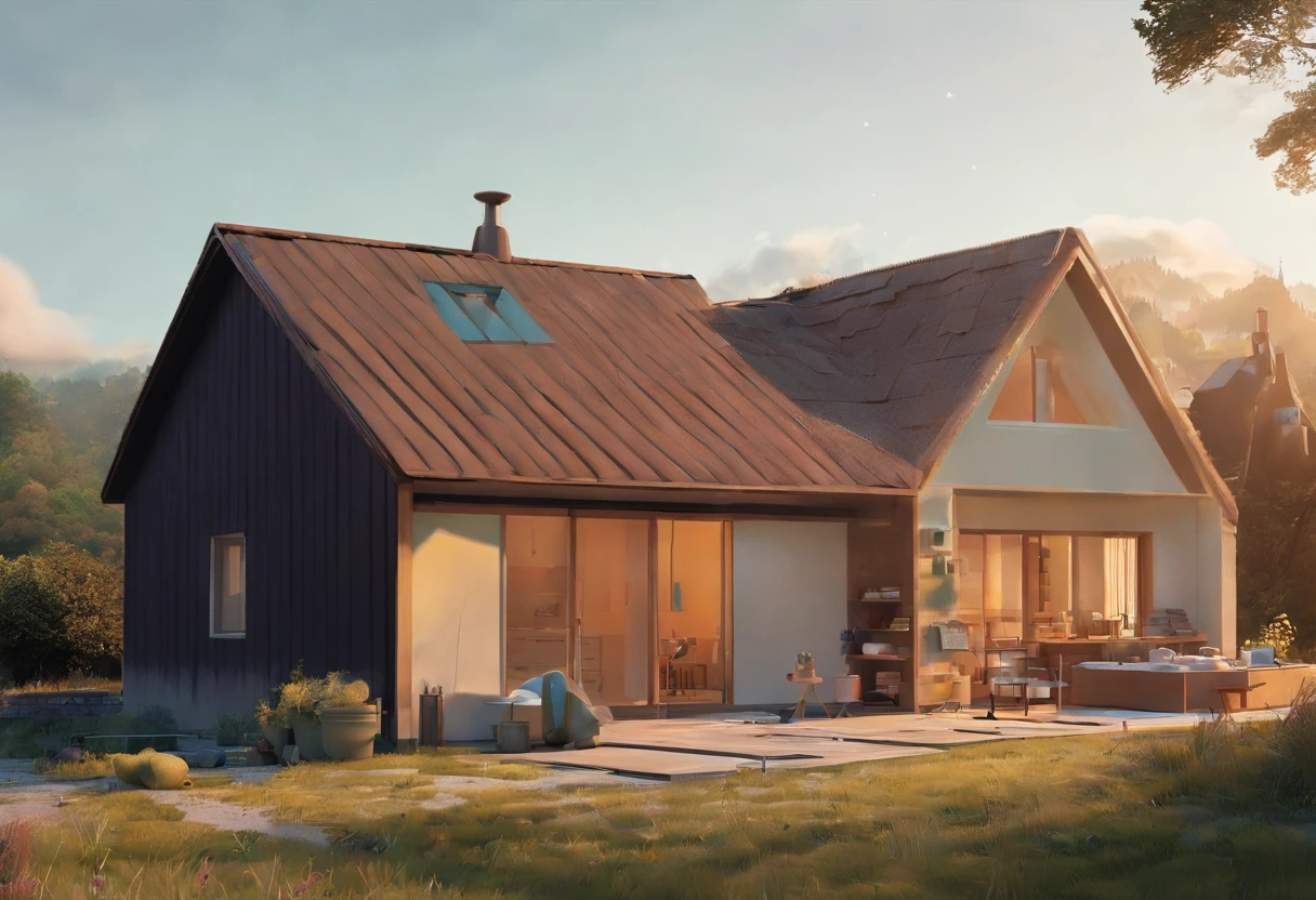 monde mignon de feutre de laine, Wool knitted fabric, cartoon, Quelques petites maisons, Fermes, Barracks, Warehouses, maisons fleuries, super mignon, superb lighting, volumetrics, par Jon Klassen, Style studio Ghibli, tilt - offset, Objectif 80mm, Grande ouverture, 3d, Mixeur, Masterpiece, super detail, Best quality