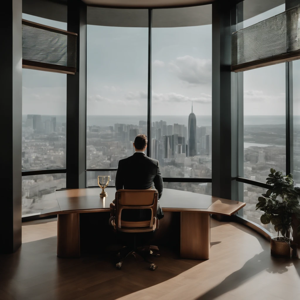 Crie uma imagem que represente um homem bem-sucedido em sua carreira, sitting in a luxurious office with a panoramic view of the city. He is holding a trophy of recognition and his face radiates satisfaction and achievement.