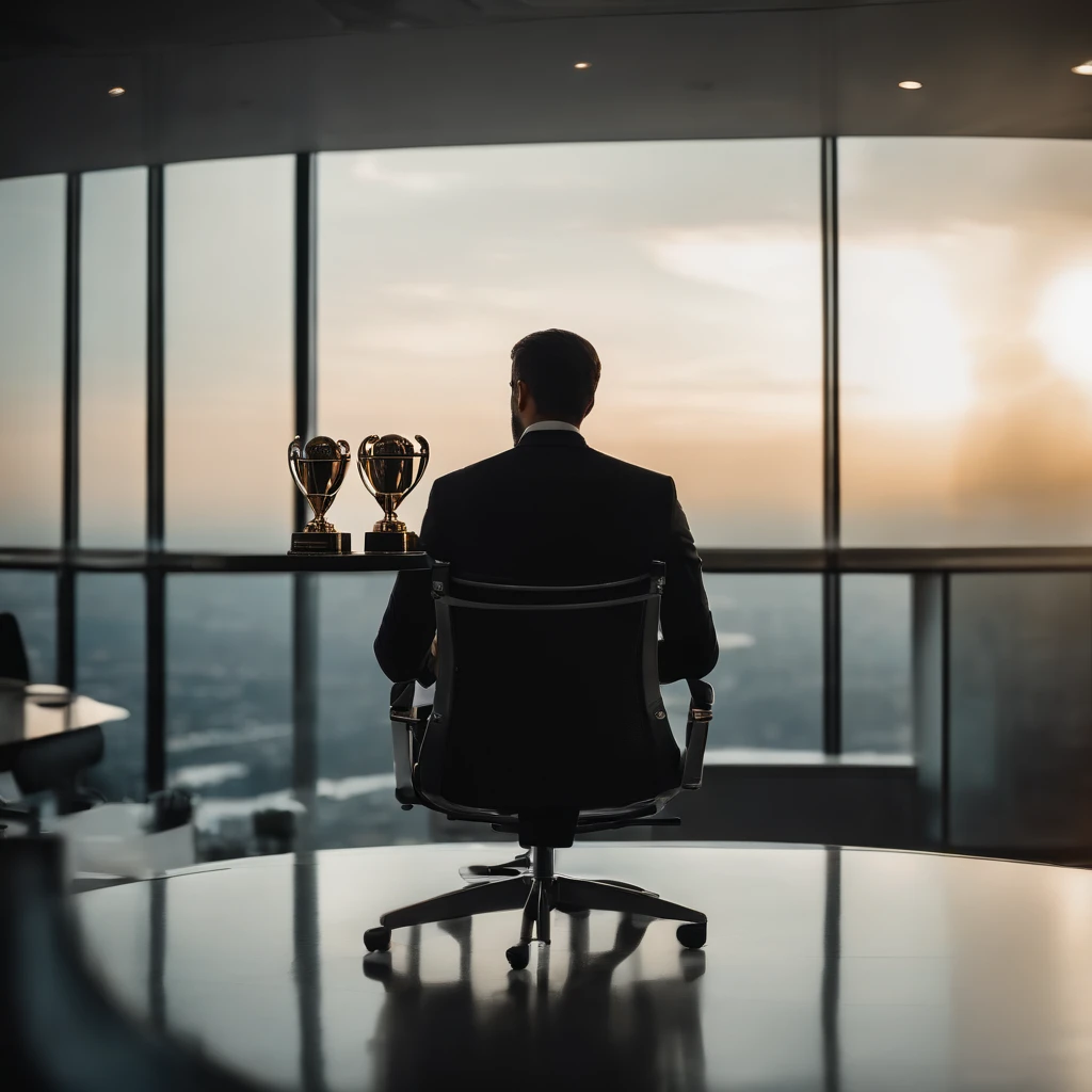 Crie uma imagem que represente um homem bem-sucedido em sua carreira, sitting in a luxurious office with a panoramic view of the city. He is holding a trophy of recognition and his face radiates satisfaction and achievement.