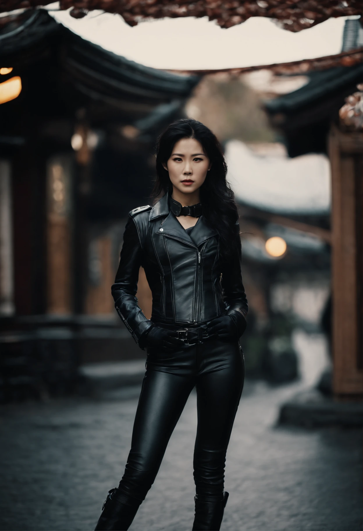 Black leather gloves Black leather riders jacket Black Leather Skinny Pants Black leather long boots Black Hair Ponytail Young Japan Black Leather Neck Corset Chisato Morishita