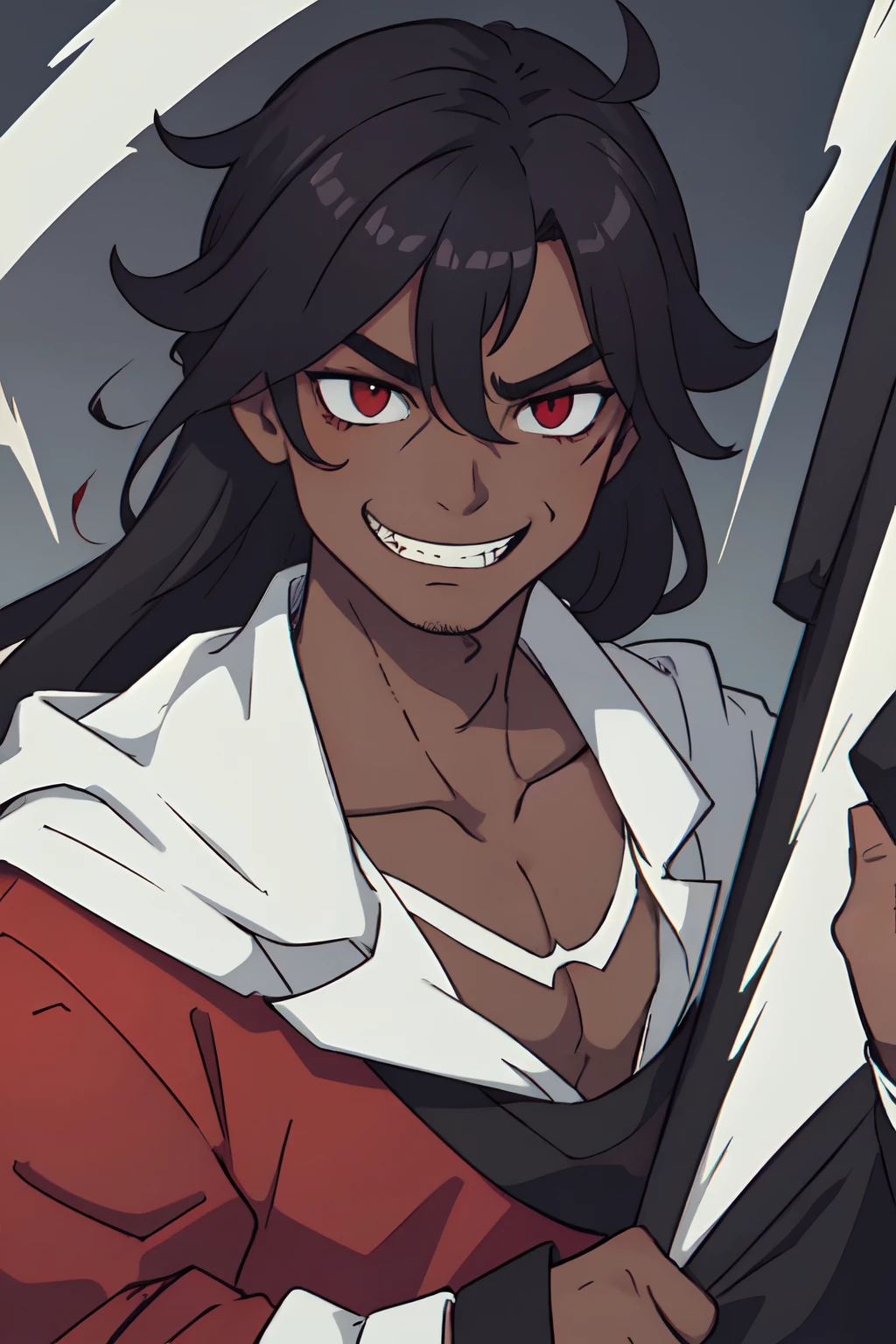 1boy, dark-skinned male, muscular male, jawline, messy hair, long hair, swept bangs, intricate red eyes, hair between eyes, bags under eyes, evil grin, evil smile, scar on face