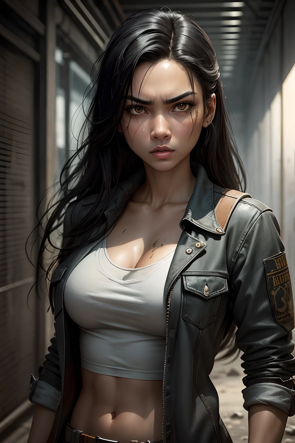 standing, facing forward, beautiful mixed asian and Brazilian woman in her 20s, black hair, stylish and sexy, smooth skin, scared and hopeless expression, isometric details, amazingly realistic photos, grey eyes, worn dirty clothing, apocalypse vibes