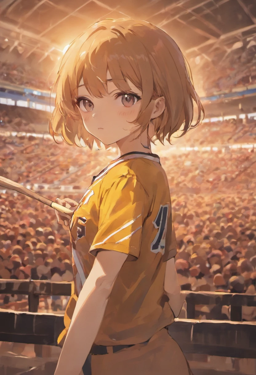 baseball field,s girl,Holding a bat,brownish colors,short-hair