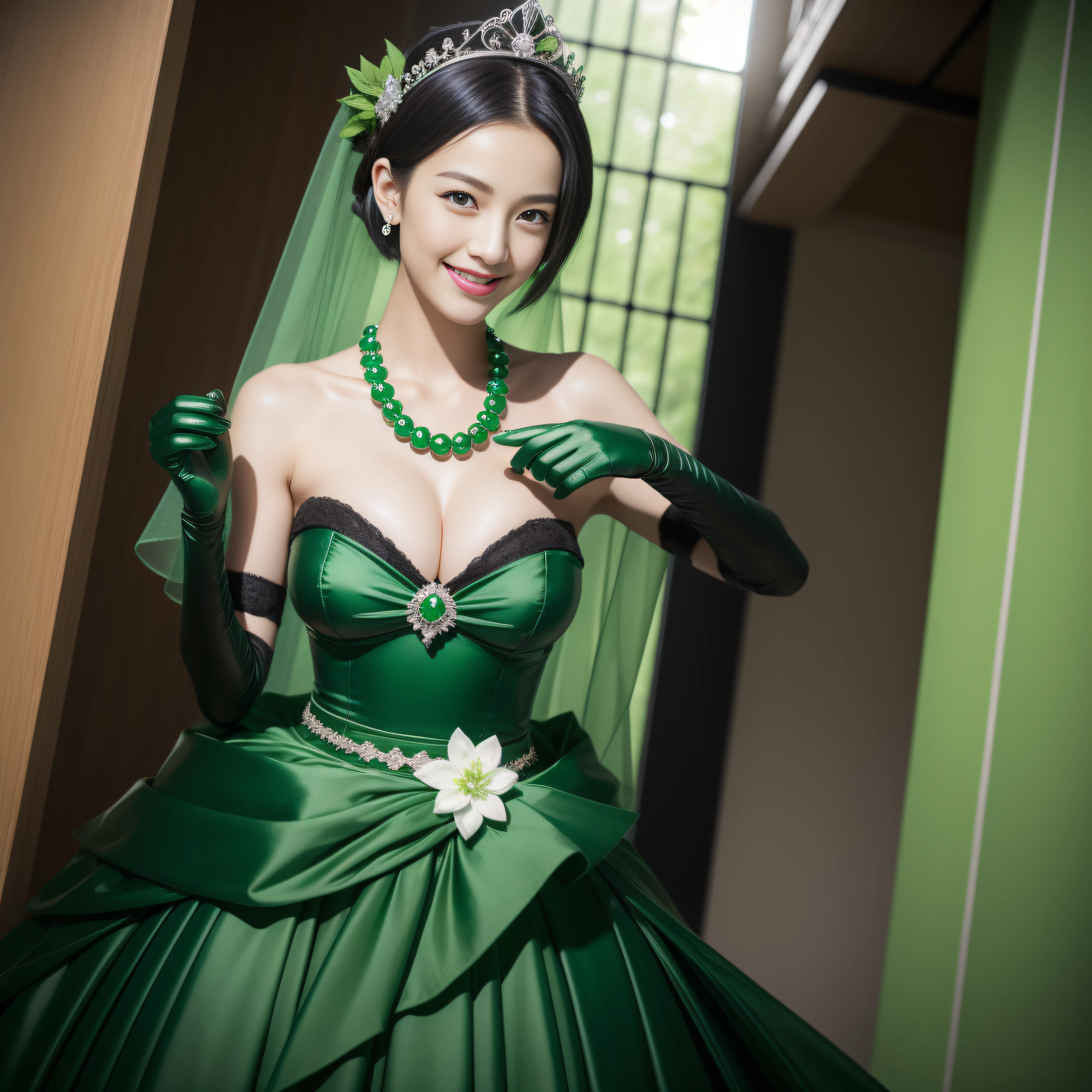 Boyish very short black hair, lipsticks, Japan woman smiling, Green Long Grove,　Emerald Tia boyish very short black hair, lipsticks, Japan woman smiling, Satin green long gloves,　emerald tiara, Green Pearl Necklace, verd s eyes, Green eyes, Long green gloves made of satin material, big breasts beautiful, Green Bridal Veil, Green eyes, Emerald earrings, Emerald tiara