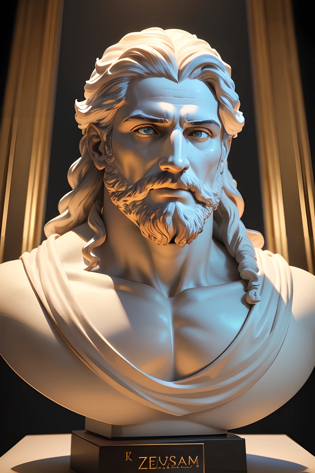 An image of the Roman god Pluto, dios del inframundo romano, god Pluto underworld. Roman god of the underworld Pluto. A closeup of a white statue of a man with a beard, escultura realista de 8k bernini, cinematic bust portrait, Retrato Zeus, deus grego, cinematic bust shot, Homem extremamente detalhado, escultura altamente detalhada, @ zbrush, Retrato de Zeus acidentado, personagem de fantasia hiperdetalhado, Arte 3D digital detalhada, Arte Zbrush, escultura de argila cgi, resin statue
