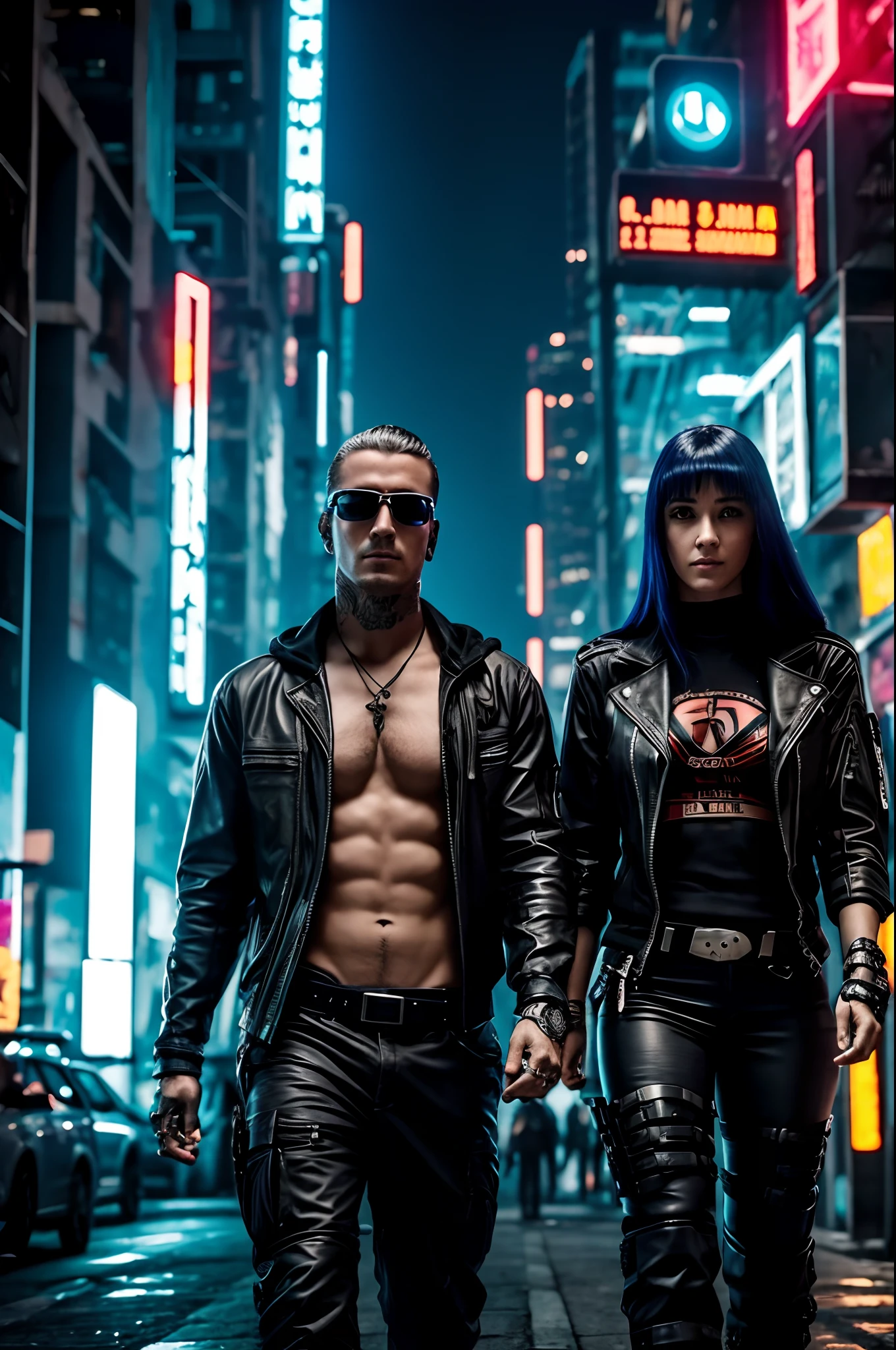 cyberpunk, um homem branco junto com uma namorada cyberpunk,