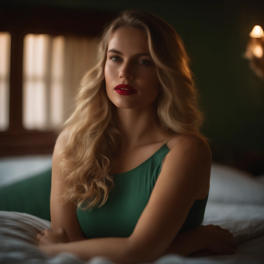 Uma mulher jovem e bonita, blonde hair that falls gently in waves up to the shoulders, altura mediana, olhos grandes e verdes, pele clara, she's in her pyjamas, ela esta em sua cama, fazendo cuidados com a pela antes de dormir, The environment is illuminated with lights of warm and pleasant colors making your hair shine, seu semblante esta naturalmente sereno, lips with red lipstick, Textura 8K, altamente detalhados, realista, soft Cinematic Light, HDR, sharp fokus, obra-prima, fotorrealista, fotografia premiada, Canon EOS R5, 35 mm