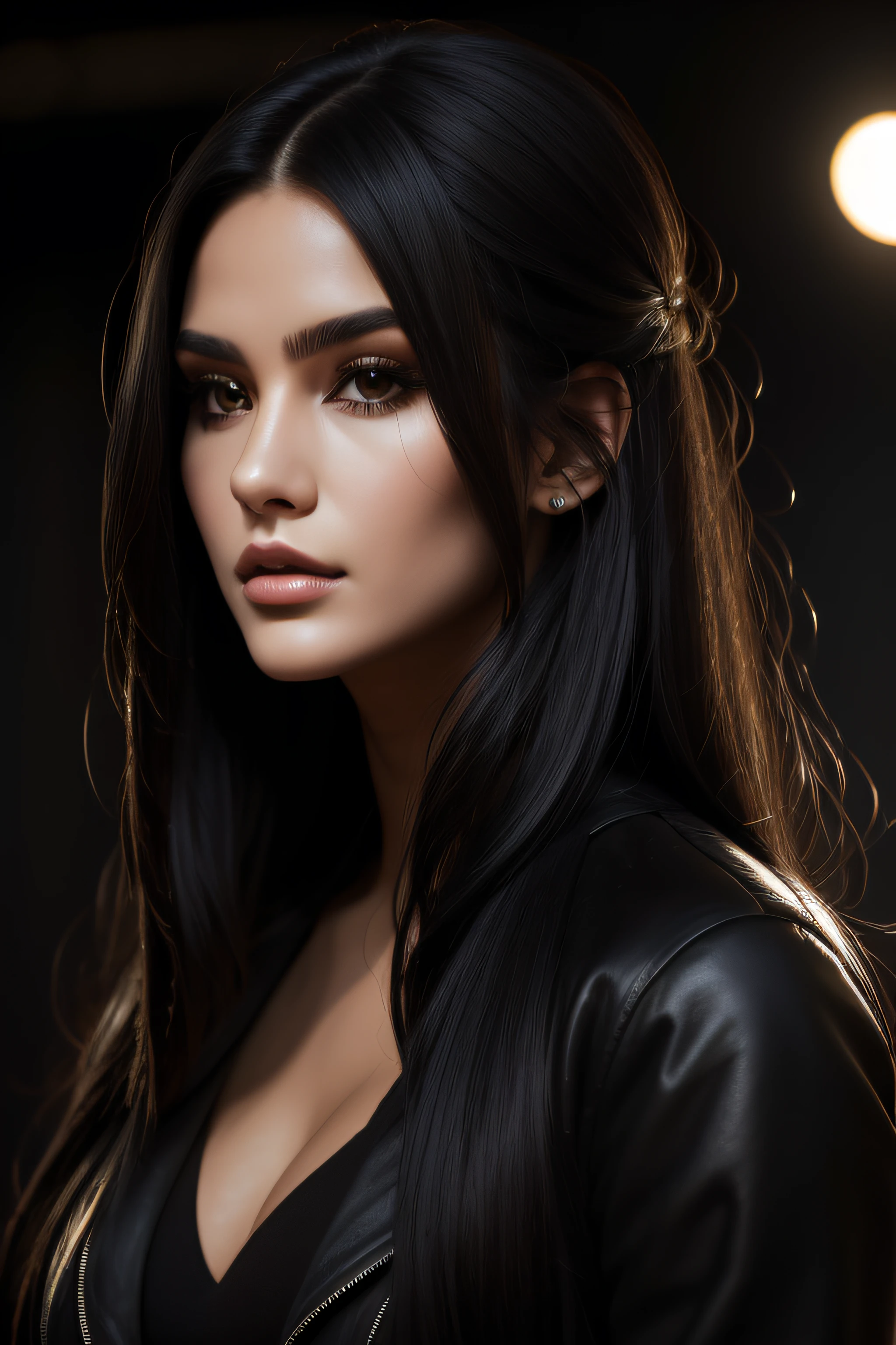 a young beautiful woman with long black hair and a black jacket, i can't believe how beautiful and sexy she is, distinct facial features, layered textures, strong contrast between light and dark, sharp attention to detail