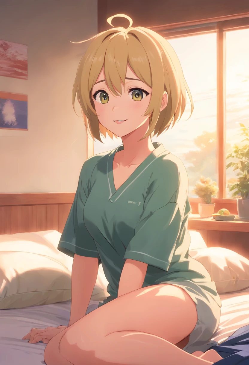 solo, best quality, masterpiece, extremely detailed CG, extremely detailed 8K wallpaper, extremely detailed character, (an extremely delicate and beautiful portrait), portrait, solo, tsunade (Naruto style) , white girl , blonde hair, naked , in bedroom , face , smile , red bed , pillow, pink lips , big breast , thick thighs , handjob ,