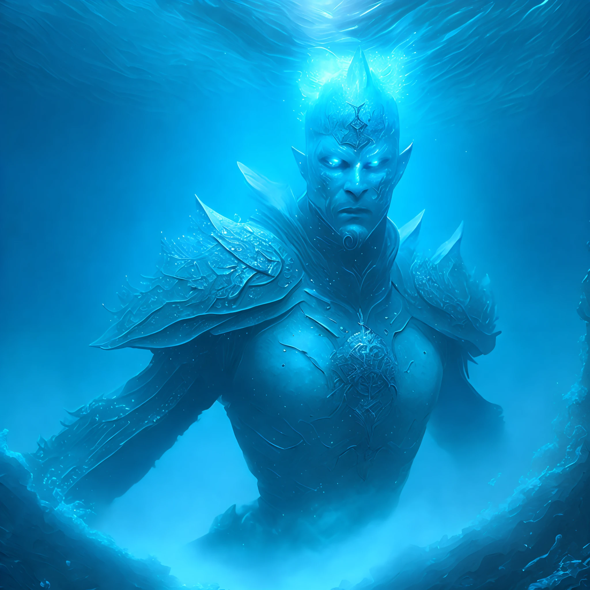 Close-up ( light blue water man from DC in Goth style: 1.3) emerging from the thick fog, extremely detailed, emerging from the deep sea, sparks, metal shavings, flying debris, volumetric light
