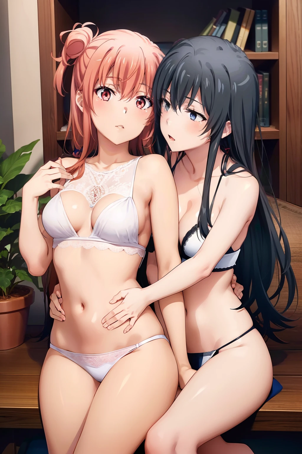 2girls, yuri, Yukinoshita Yukino caress the thighs of her friend Yuigahama Yui and kisses her neck , NSFW, Yuigahama is wife
