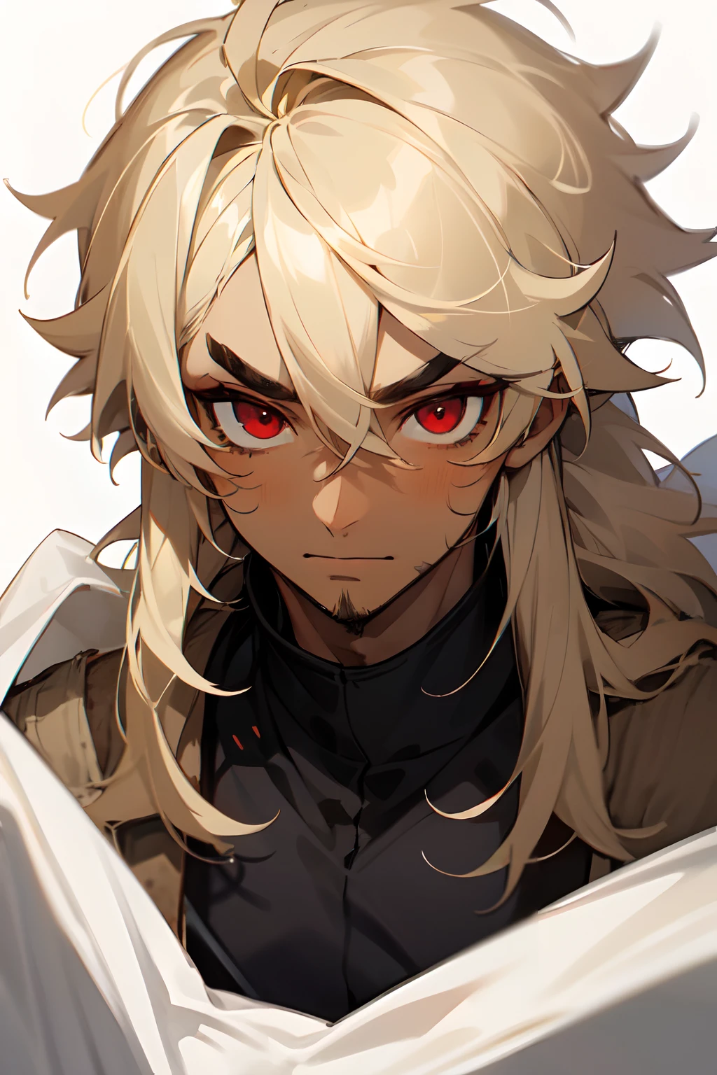 closeup, 1boy, (dark-skin), messy hair, hair over shoulder, long hair, pale blonde hair, (((blonde eyebrows))), (hair between eyes), (red eyes), (((sparse stubble))), (bags under eyes), white background