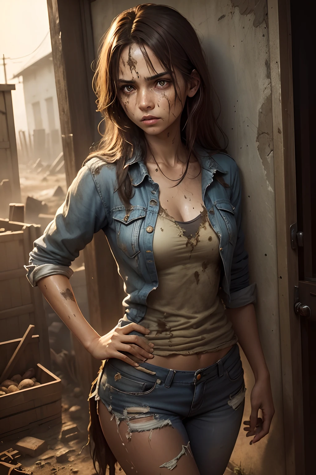 standing, facing forward, beautiful south american woman in her 20s, mud, scratches on face, mud stained brown hair and face, dirty and torn clothes, smooth skin, scared expressions, isometric details, amazingly realistic photos, blue eyes, zombie apocalypse