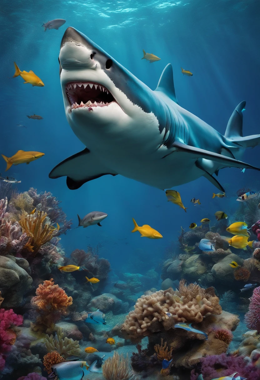 Shark world, heroic, underwater, impeccable dental hygiene, colorful, drawing
--ar 16:9 --up beta --s 750