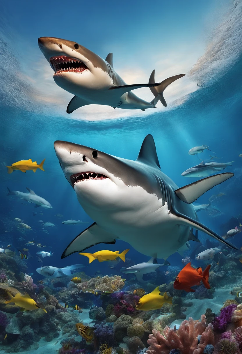Shark world, heroic, underwater, impeccable dental hygiene, colorful, drawing
--ar 16:9 --up beta --s 750