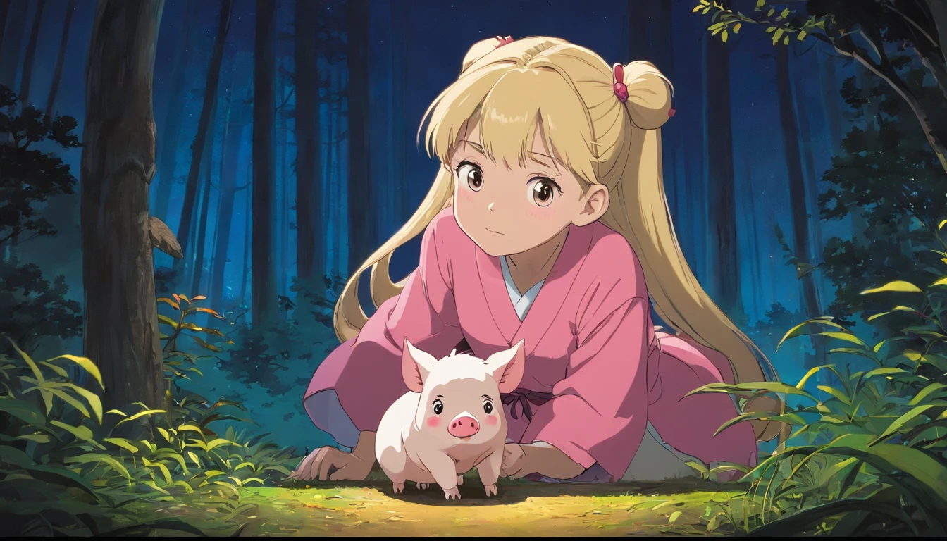 In the nocturnal forest，Blonde girl with double ponytail observing a piglet（in pink）