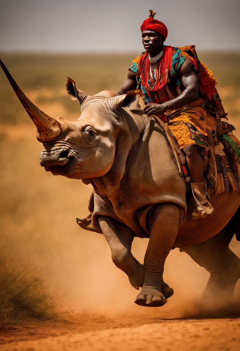 African tribal soldier riding an armored rhino in the plains of Africa