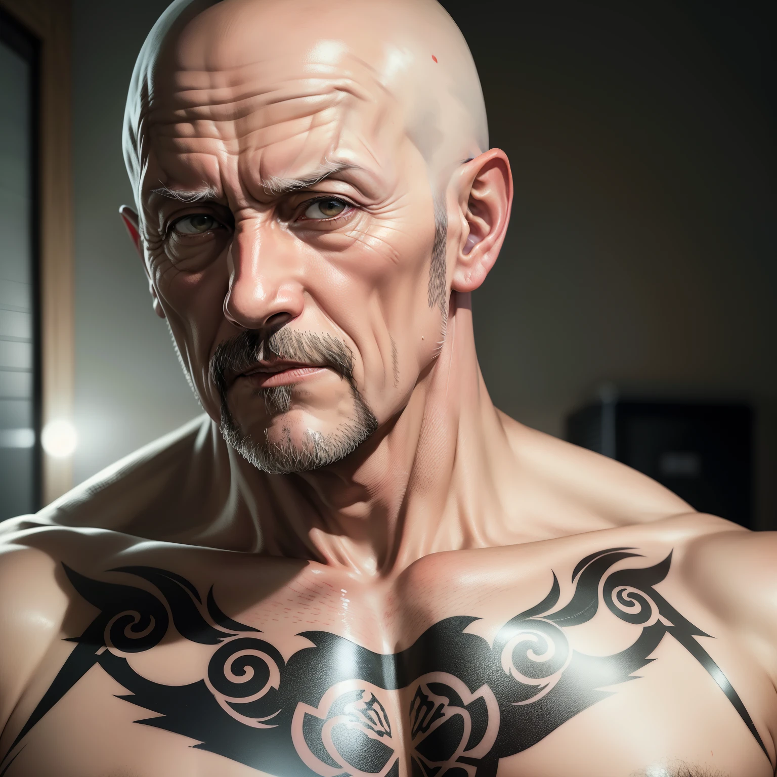 Mike Ehrmantraut from braking bad TV series, MiKe Ehrmantraut, Mike Ehrmantraut as yakuza, epic, yakuza, Mike Ehrmantraut with irezumi tattoo, yakuza tattoo, serious, knows his job, old, realistic, realistic art, photo, one person, old man, only one person at the photo, one man, ((half body shot)), ((1/2 shot)), dynamic pose, oni irezumi tattoo, oni tattoo