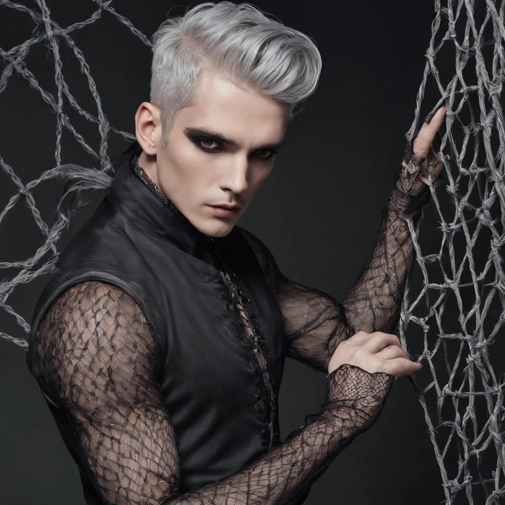 Musular male with gothic net symbolic clothes, 。.com (Barbed wire of the body) brunette color hair,Gray hair ends