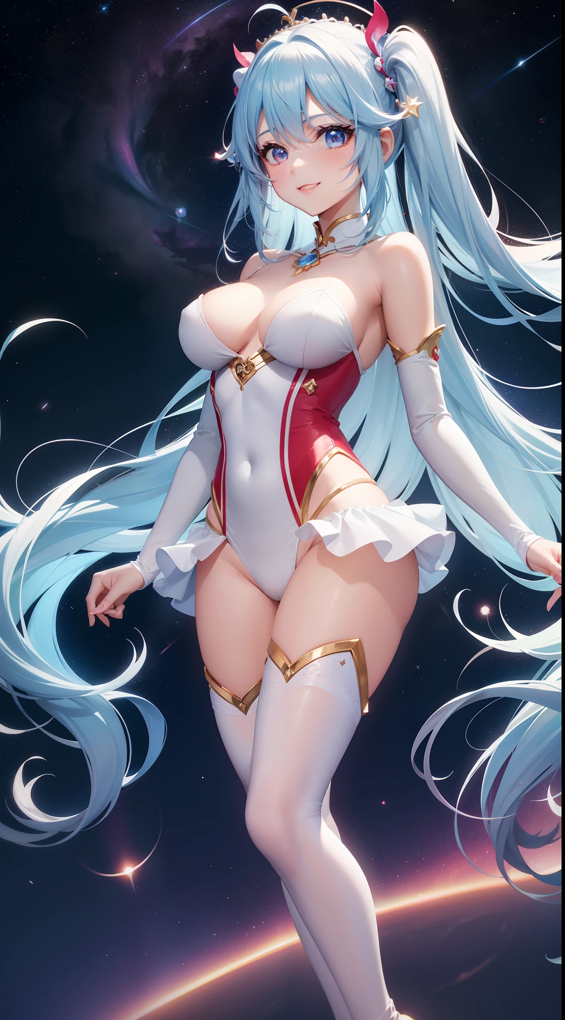 Super Idol a beauty girl A charming smile sky blue hair length hair Twin-tailed Bright white and red leotard outfit Mystical Fantasia constellation a moon Crystal Brilliance Aurora Borealis in the Night Sky