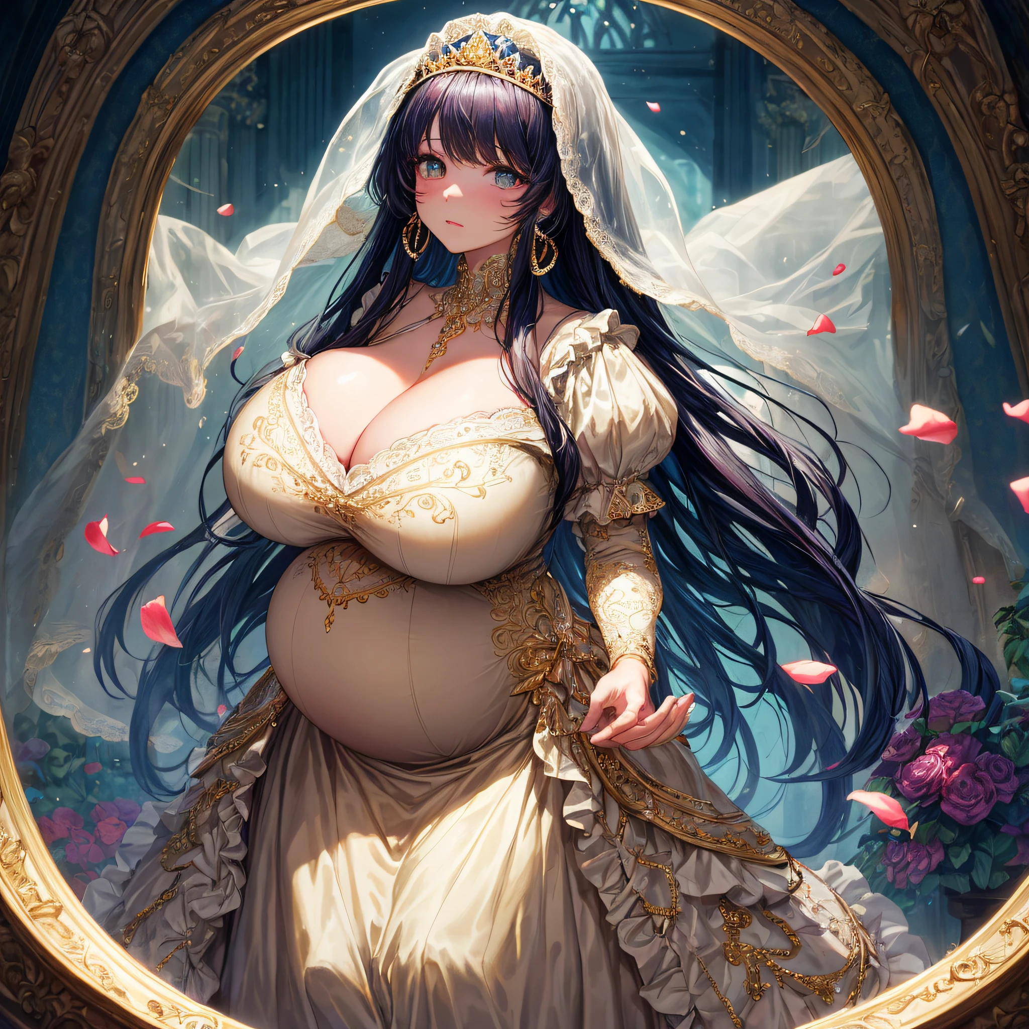 (masterpiece, best quality,extremely detailed:1.1),(moe anime art style:1.2),1girl,((full body,focus face)),((solo)), cute, kawaii,digital art,((1 bling-bling pregnant princess wearing beautiful embroidery and jeweled gorgeous rococo ballgown with jeweled voluminous full length hoop skirt)),(((heavily pregnant))),very big pregnant belly,((crinoline)),long train,voluminous frills,See-through,(gorgeous embroidery and beautiful lace),((very gigantic boobs,skindentation)),cleavage,shiny hair,(((very long straight hair,large amount of straight hair))),((embarrassed)),anguish,((finely detailed face and eyes)),clear pupil,extremely gorgeousfull hair ornament,(bling-bling jeweled extremely gorgeousfull tiara),(bling-bling gorgeous gemstone jewelry),long veil,beautiful background,fantasy background,flowers,flower petals flowing,full body,((beautiful embroidery and jeweled ruffled gorgeous rococo ballgown with voluminous full length hoop skirt))